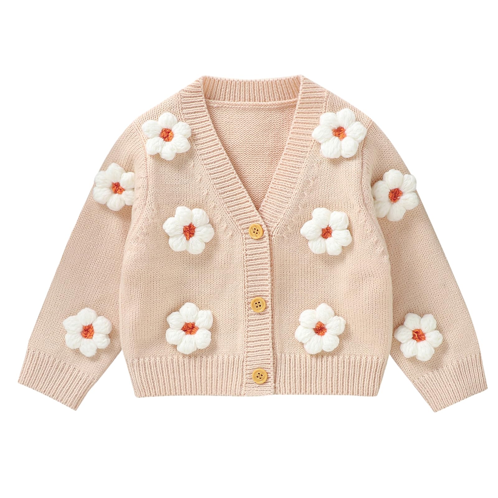 Honganda Cute Infant Baby Girl 3D Floral Cardigan Long Sleeve Button Up V-Neck Knitted Sweater Warm Fall Winter Coat (Apricot, 2-3 Years)