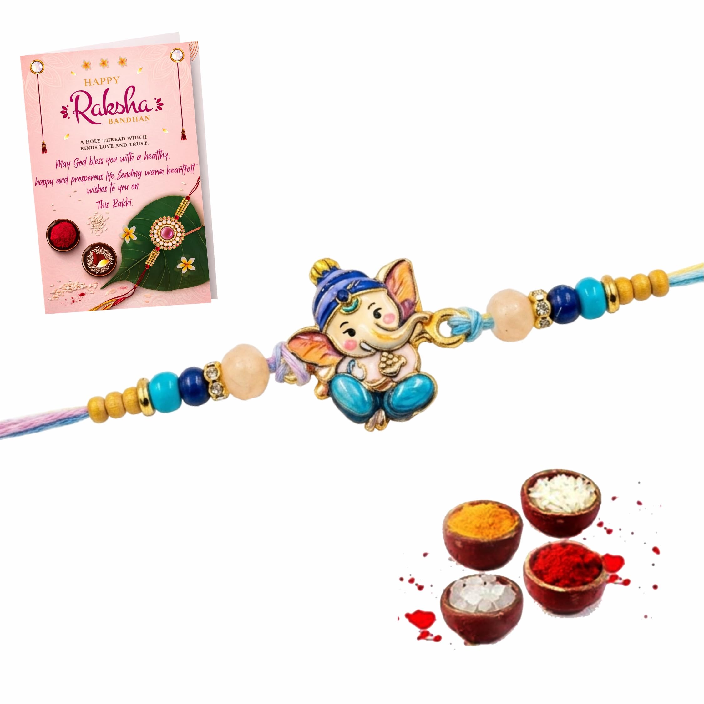 Single Rakhi for Kids – Adorable Elegant Ganesh Ji for Kids Brother | Premium Raksha Bandhan Rakhi for Little/Small/Younger Brother | Set of 1 with Greeting Card, Roli & Tikka Pack