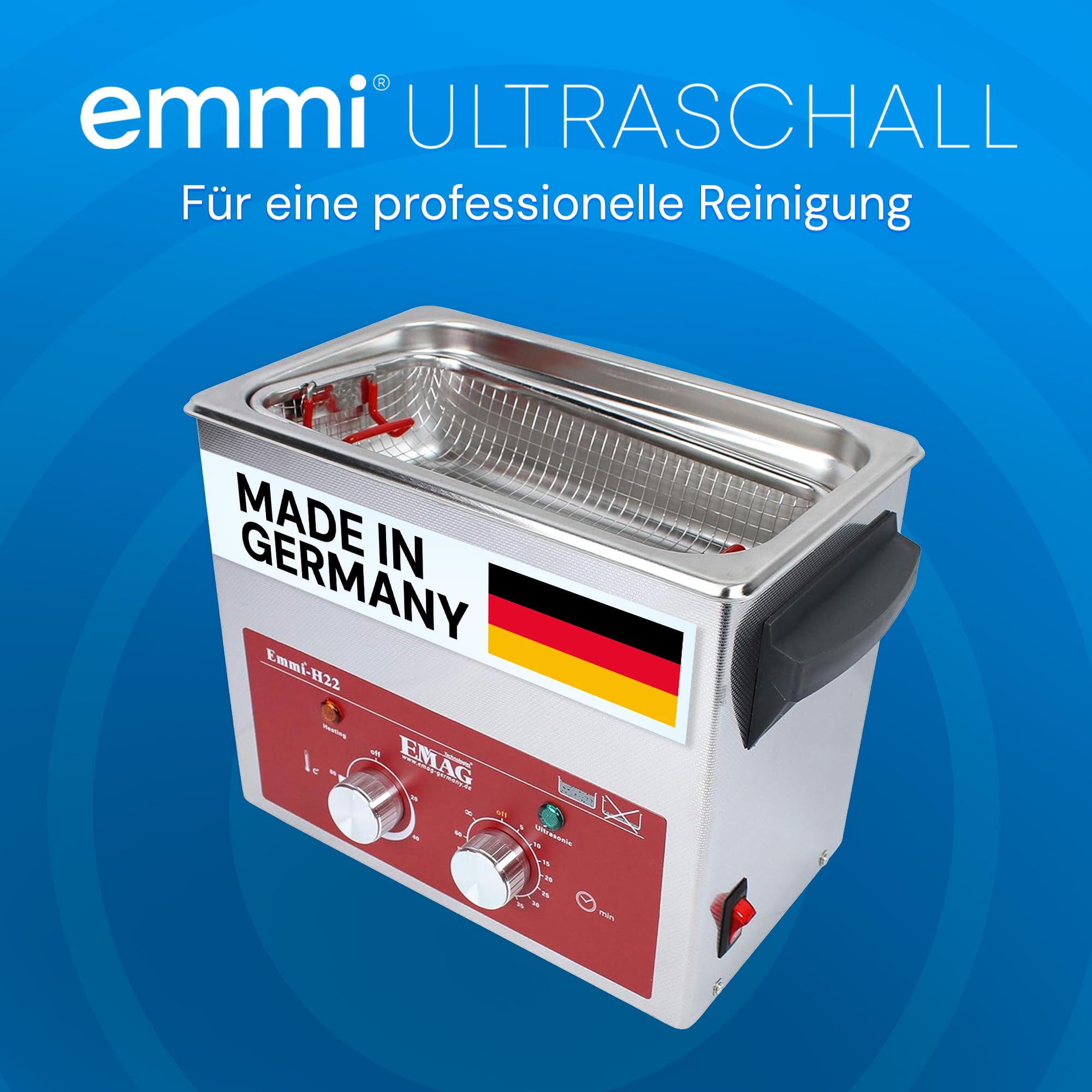 EMAG Ultraschallreiniger H22 – Edelstahlgerät 2,2L – 45kHz, Heizung & Timer – Profi Ultraschallgerät für Schmuck, Brillen, Zahnersatz, Labor, Dental, Werkstatt