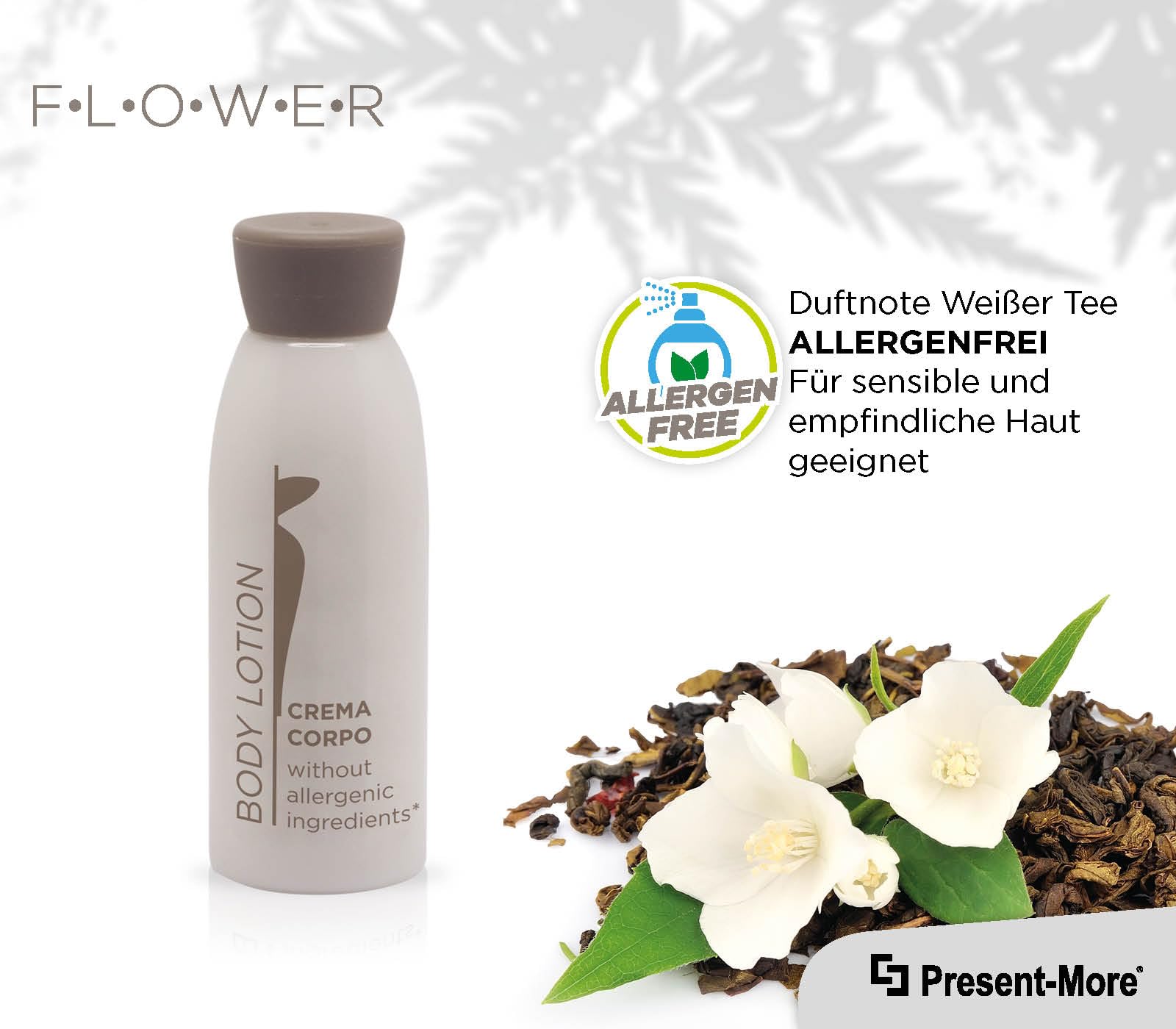 Present-More Body Lotion 30ml Flower - Körpercreme 250 Stücke für Hotels und B&B | Allergenfreie Körpercreme mit Duftnoten von weißer Tee
