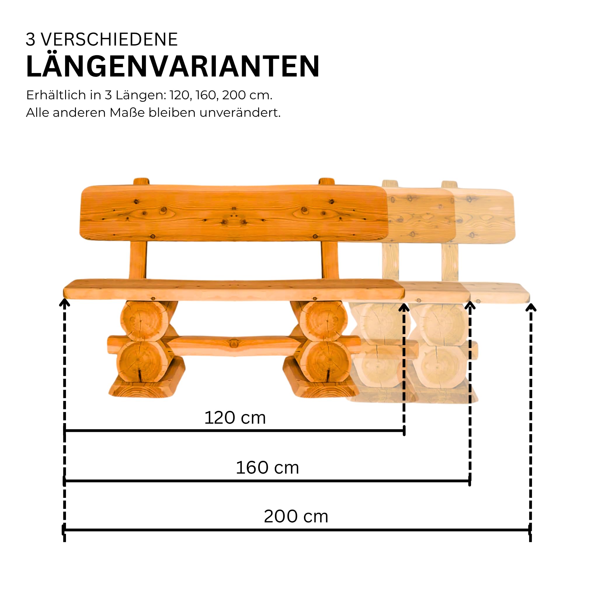 Mega Holz Gartenbank Rustikal Pinie Lasiert 160 cm - Massivholz Bank aus Kiefernholz - Fertig montierte Sitzbank für Terrasse, Garten & Balkon mit Rückenlehne - Für 3 Personen, wetterfest & robust