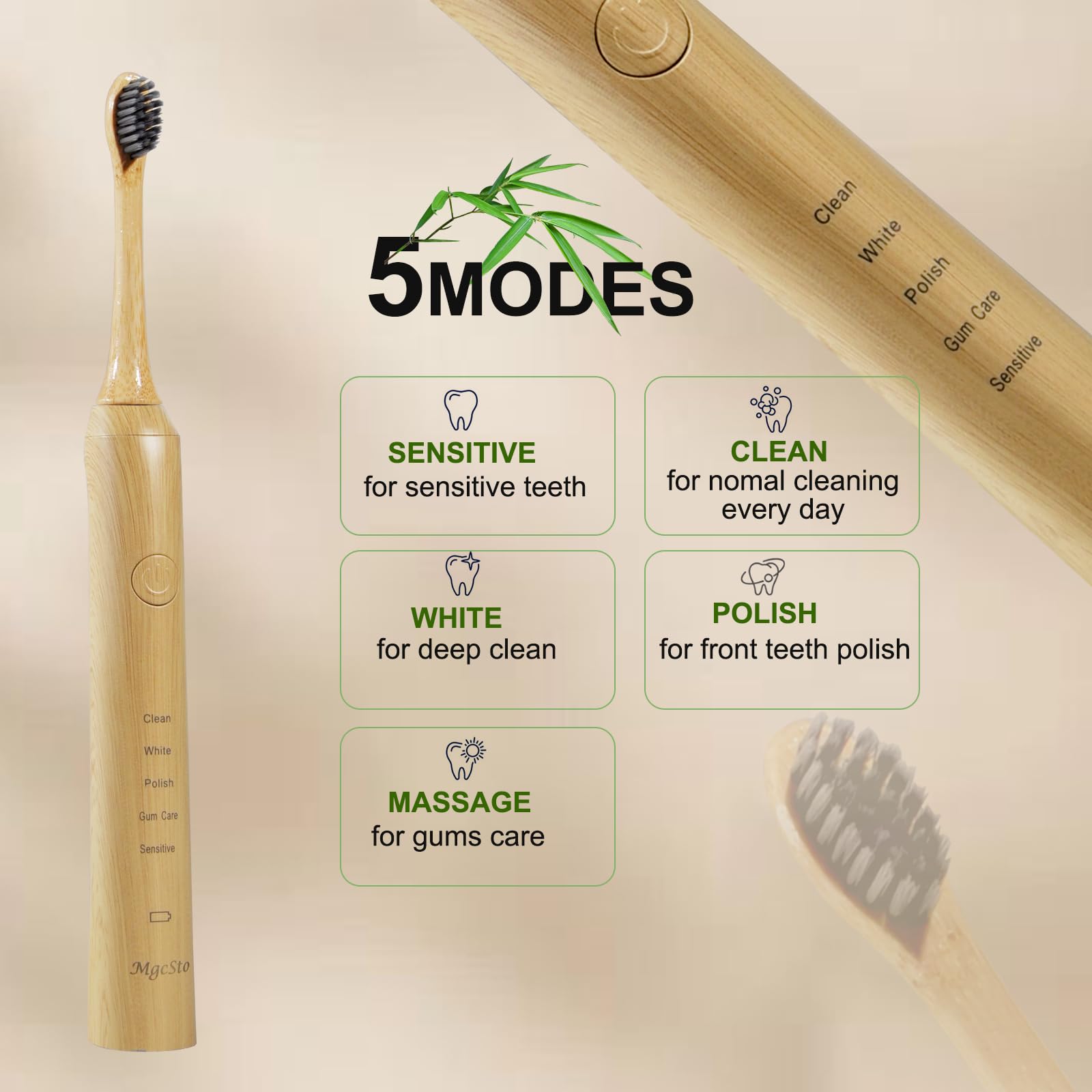 Sonic Bamboo Spazzolino Elettrico per Adulti | Confezione da 4 testine di ricambio in bambù, 5 modalità di pulizia, batteria a lunga durata