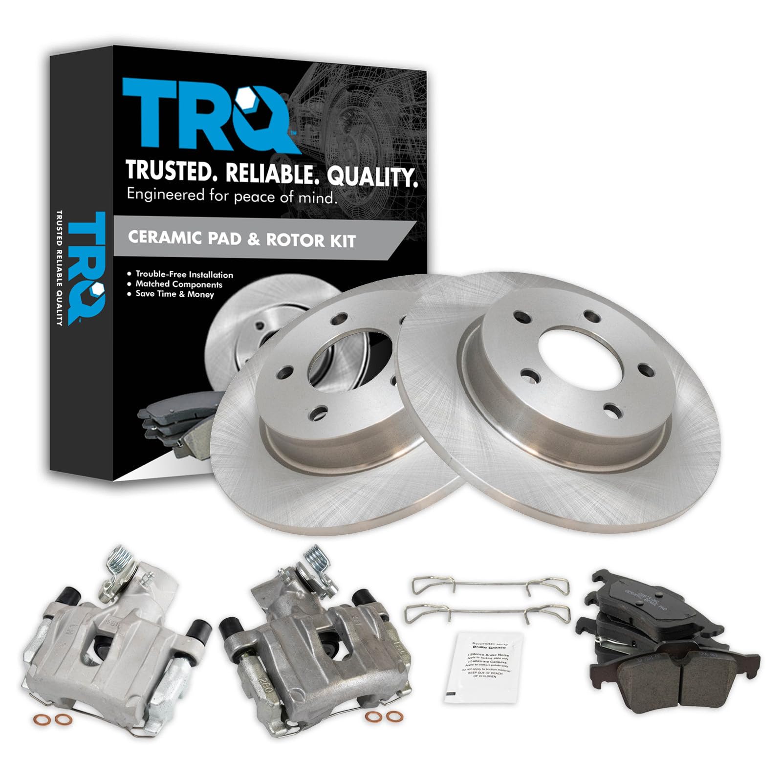 TRQ Rear Brake Pad and Rotor Set Ceramic Solid Rotors Calipers