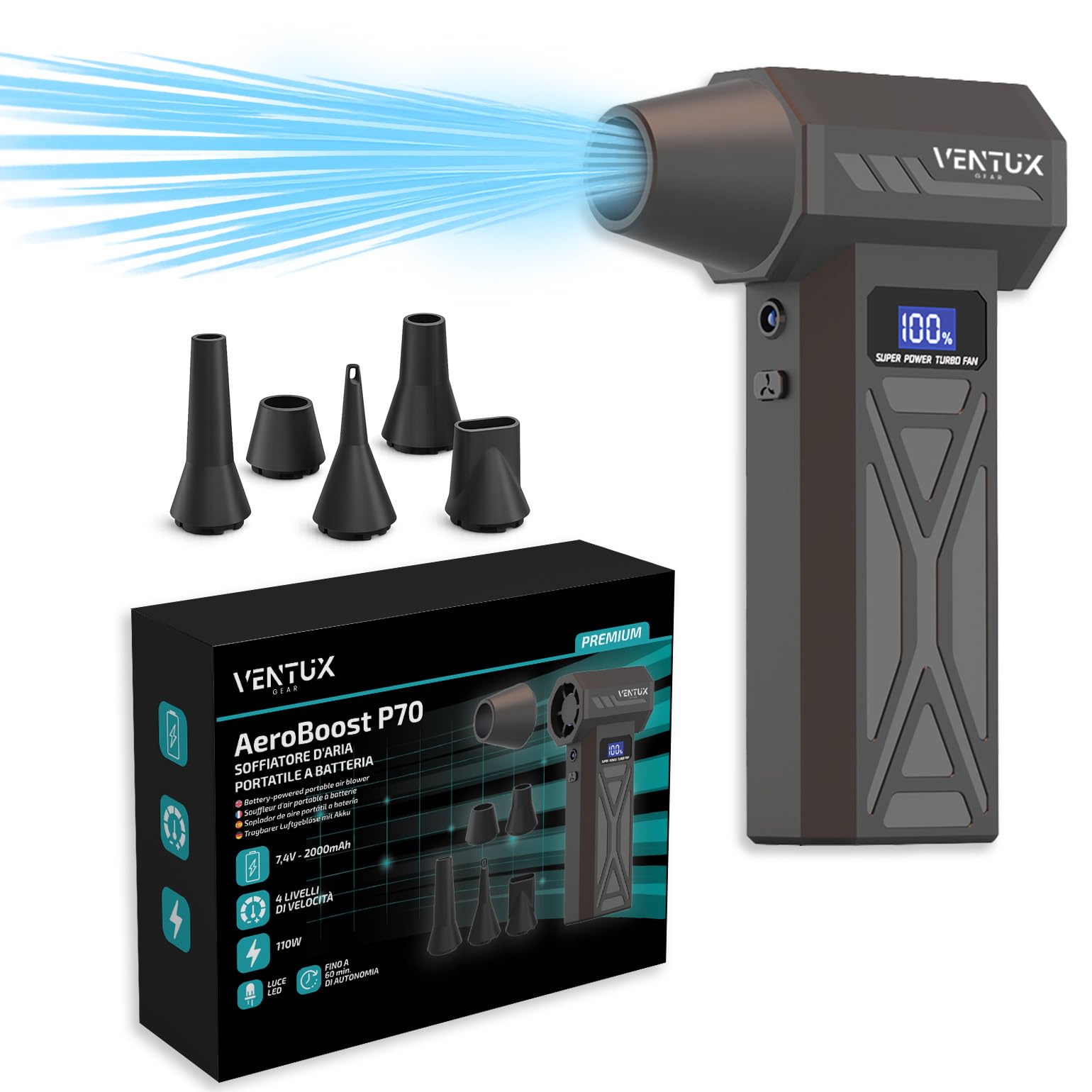 Soffiatore d’Aria Portatile a Batteria AeroBoost P70 – 110W | 4 Velocità, Display LCD, LED, 2000mAh | Mini Air Blower per Polvere, Tastiere, Auto, PC – Ventux Gear
