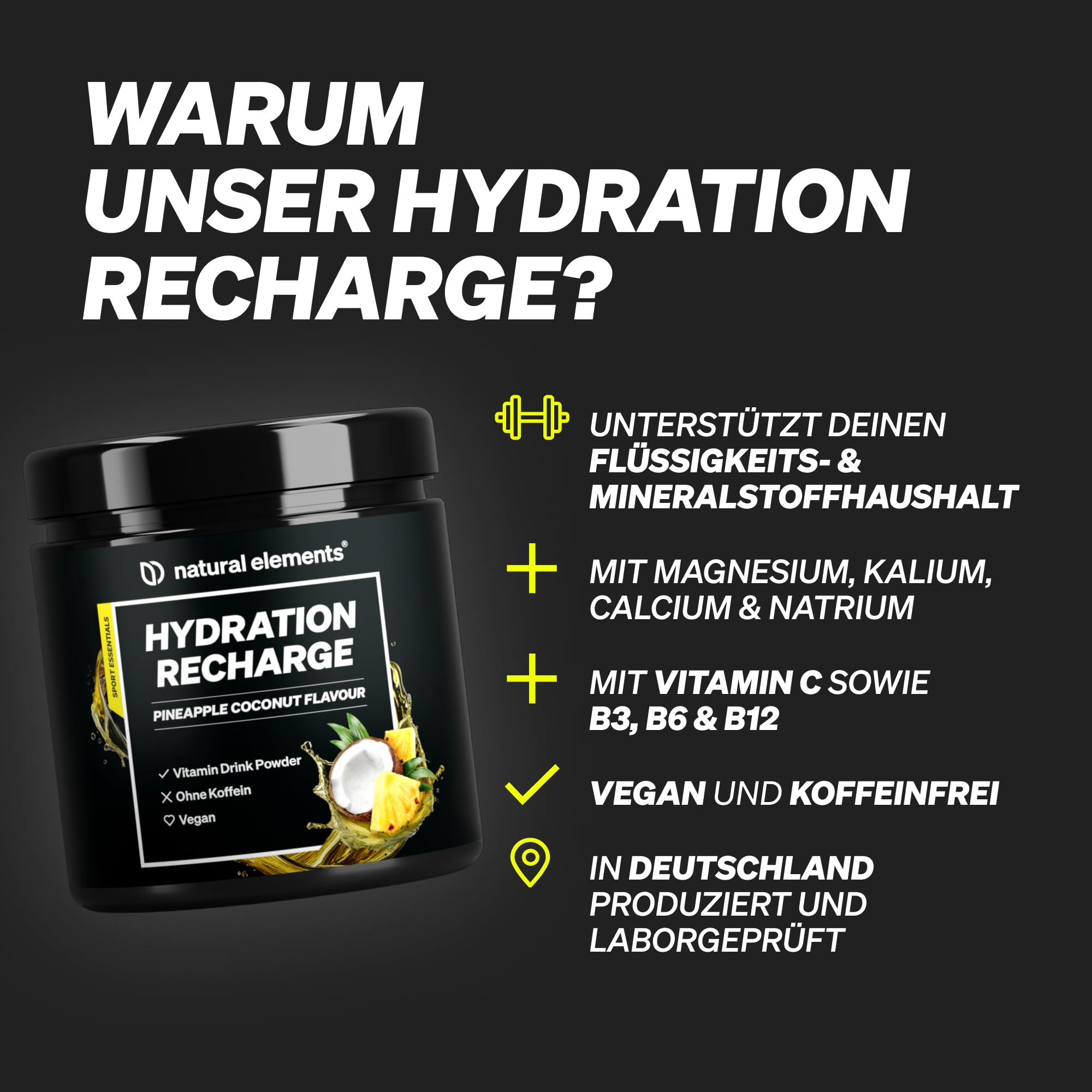 Hydration Recharge Pineapple Coconut – Pulver mit Elektrolyten & Vitaminen für die Ausdauer – ohne Zucker*, mit Stevia gesüßt – Getränkepulver zum Mixen – vegan, hochdosiert, laborgeprüft