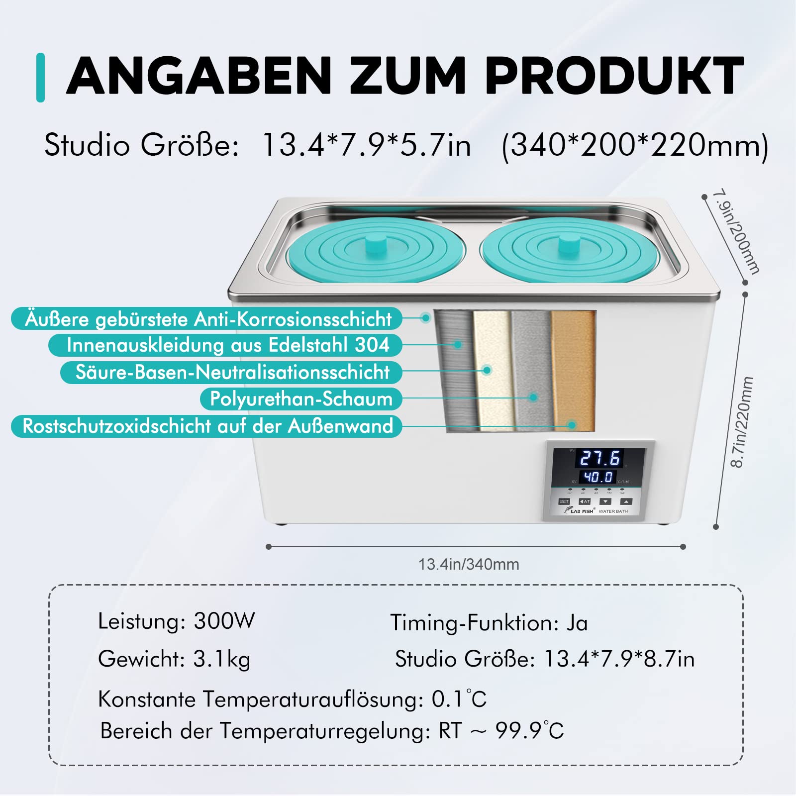 LAB FISH Digitales Labor Wasserbad 6L, 600W - Doppelte Öffnung, Edelstahl - Präzises Thermostat ±0,1°C - Timer 0-999 Min - LED Display