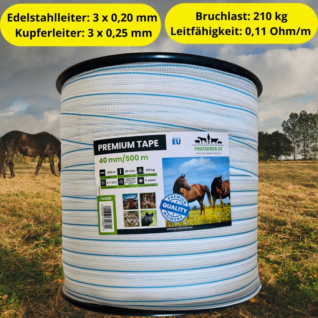 Weidezaunband 40mm 500m mit Drähten aus Kupfer 3x0,3mm 0,11 Ohm/m