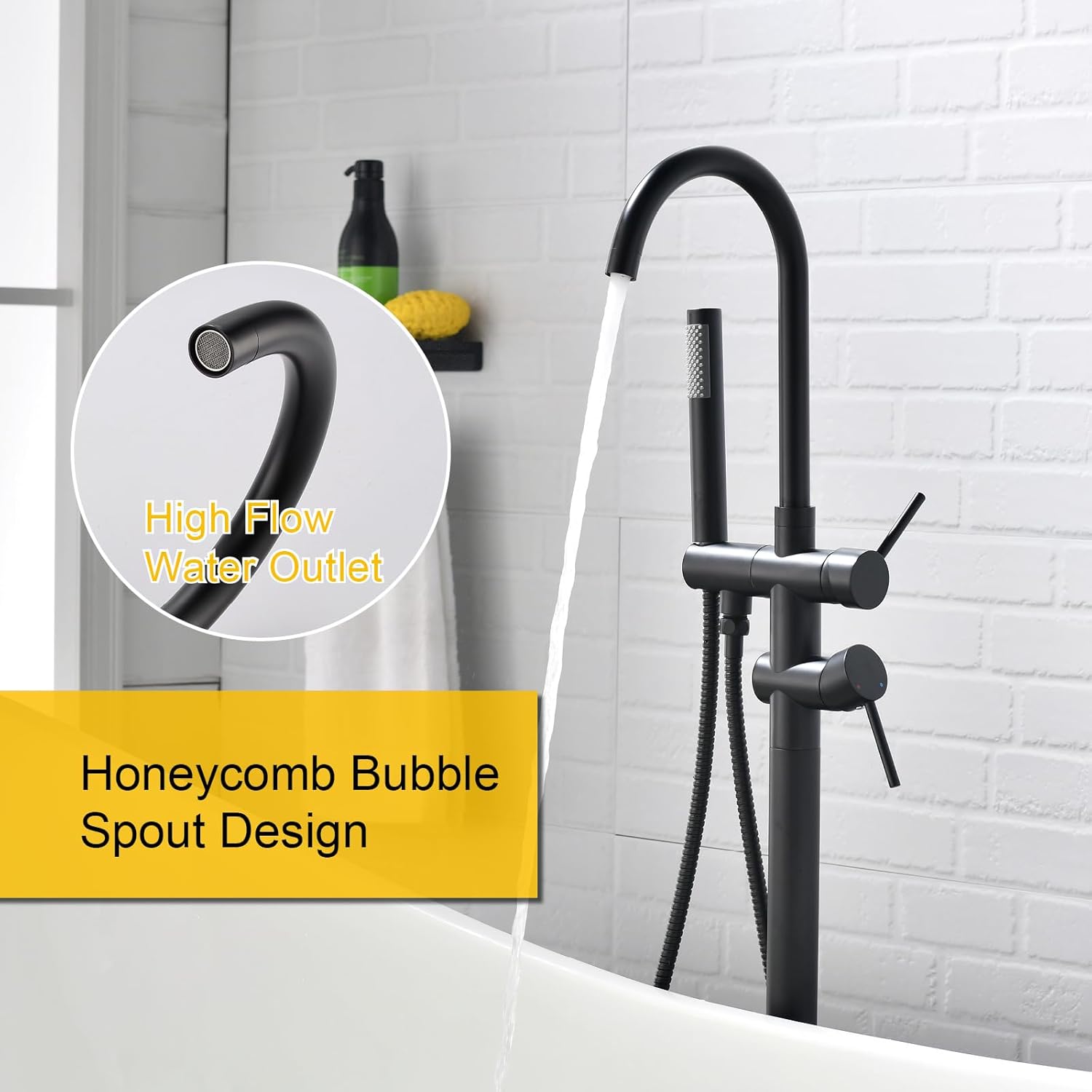 Freestanding Bathtub Faucet with Hand Shower, 2-Section Floor Mounted Tub Filler Matte Black, Stainless Steel Soaking Tub Faucet with Handheld Shower Sprayer