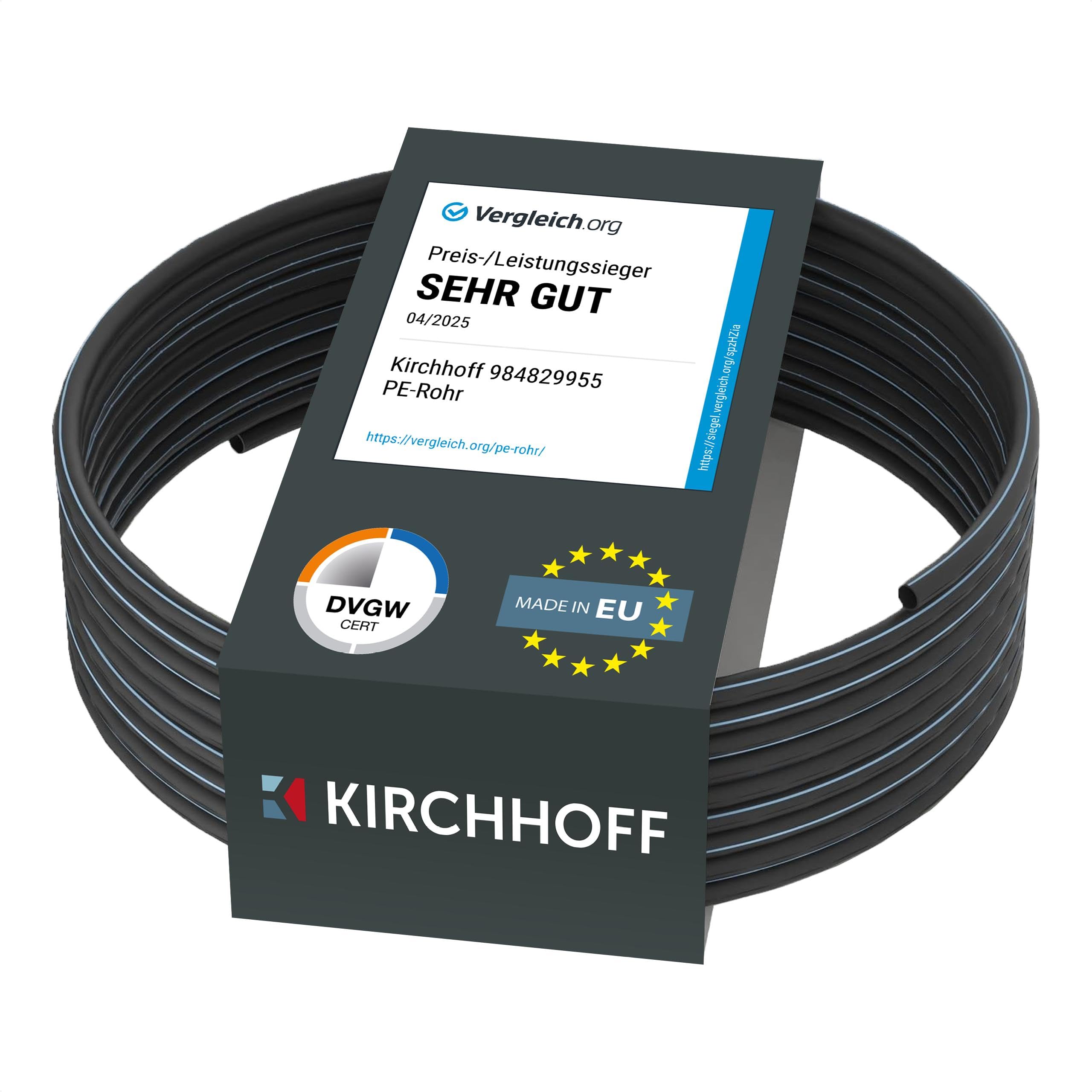Kirchhoff Wasserleitung für Gartenbewässerung 20 mm x 100 m | PE Rohr für Sprinklersystem | Verlegerohr HDPE | DVGW | Trinkwasserleitung | Made in EU