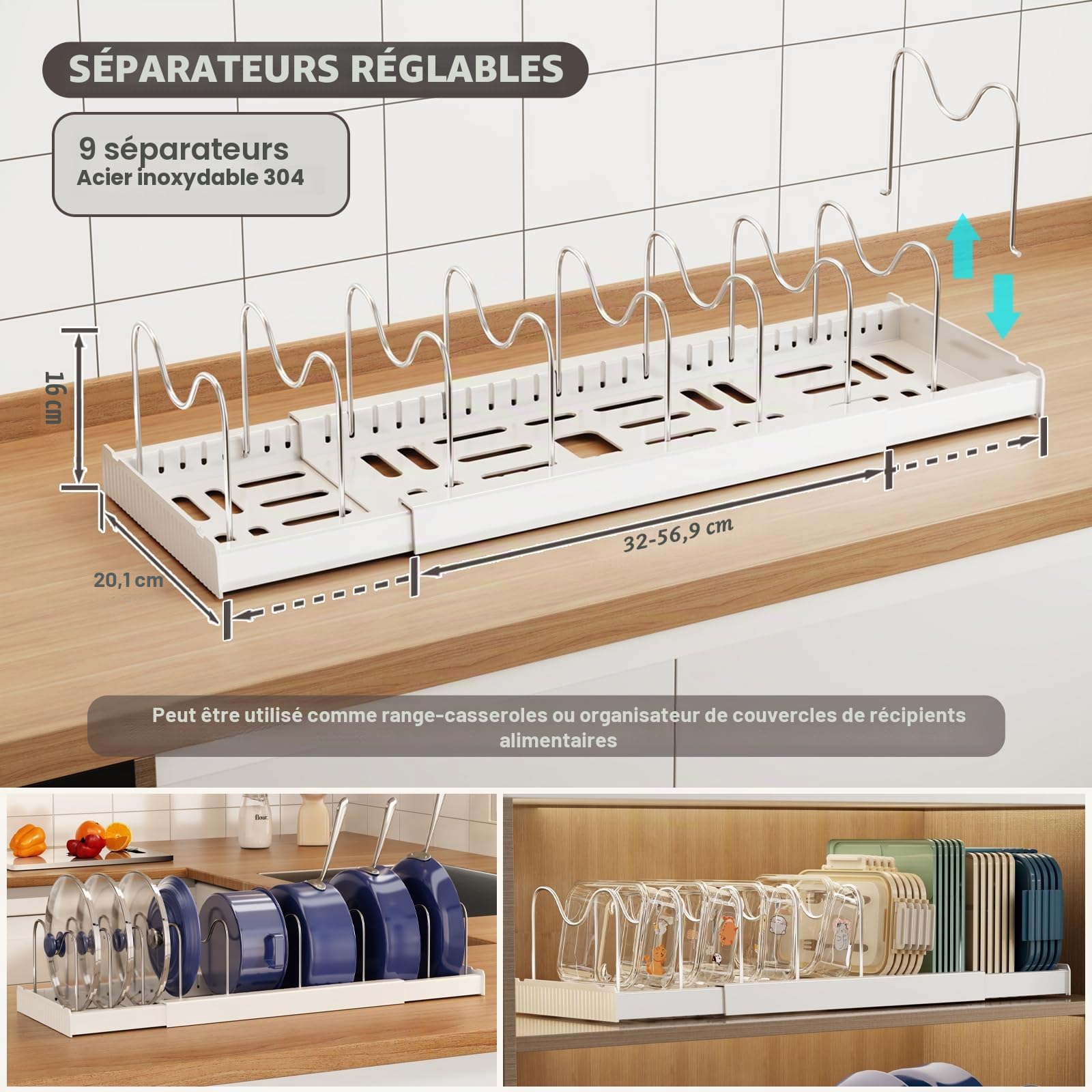Magheo 2 Pièces Rangement Casserole Cuisine, Extensible Range Couvercle avec 9 Séparateurs Réglables, 32-57CM Porte Support Couvercle Casserole, Rangement Poele et Casseroles Placard (Blanc)