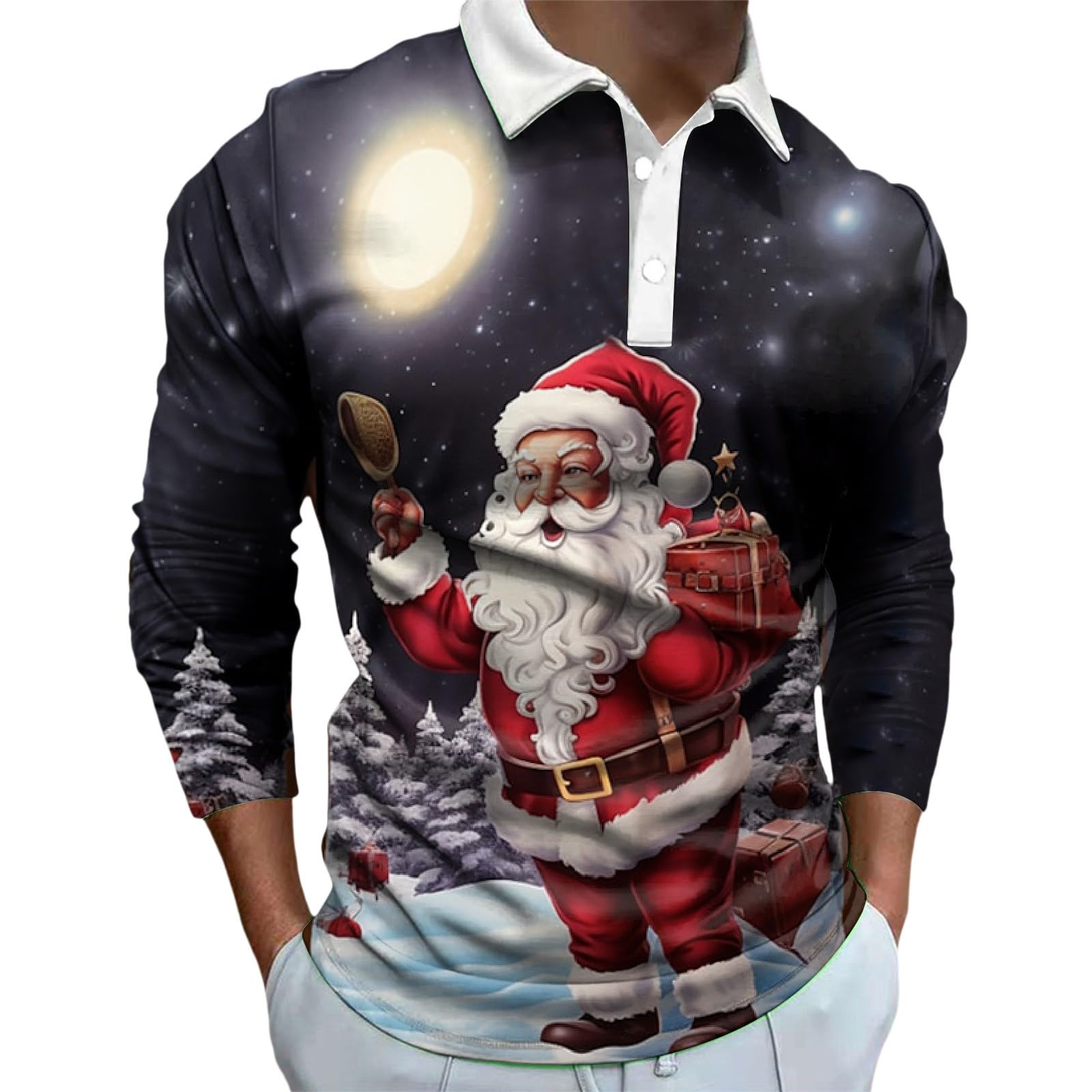 XumilalaChristmas Shirts for Men Long Sleeve Zip Up T-Shirt Polo Tops Fashion Cartoon Santa Printed Tee Shirts Casual Winter Pullover Shirts Classic Gifts for Men Party Festival