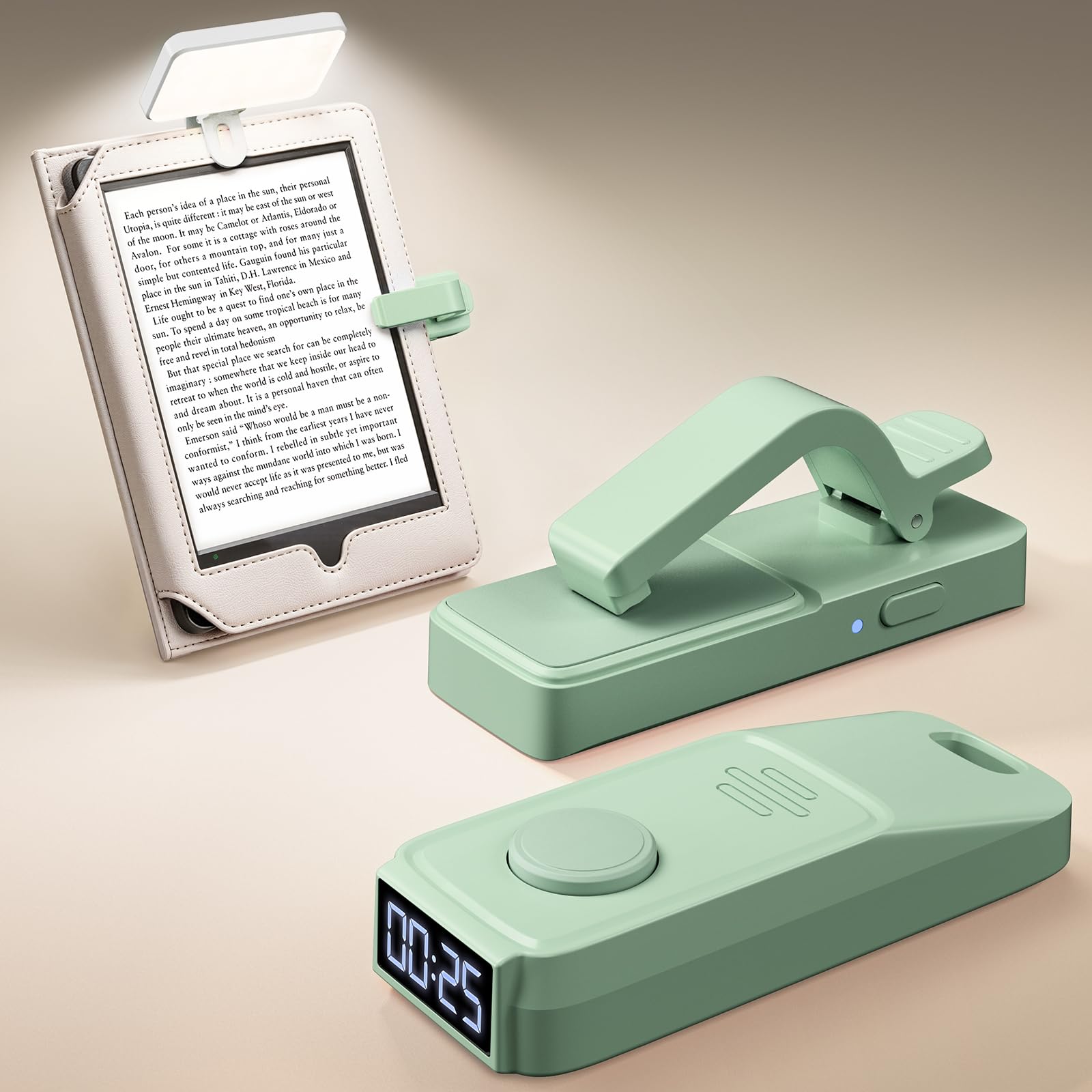 Page Turner Remote for Kindle with Reading Time Tracker and Book Light Rechargeable for Kindle/ipad Reading in Bed, No Need to Remove Your Case (Green)
