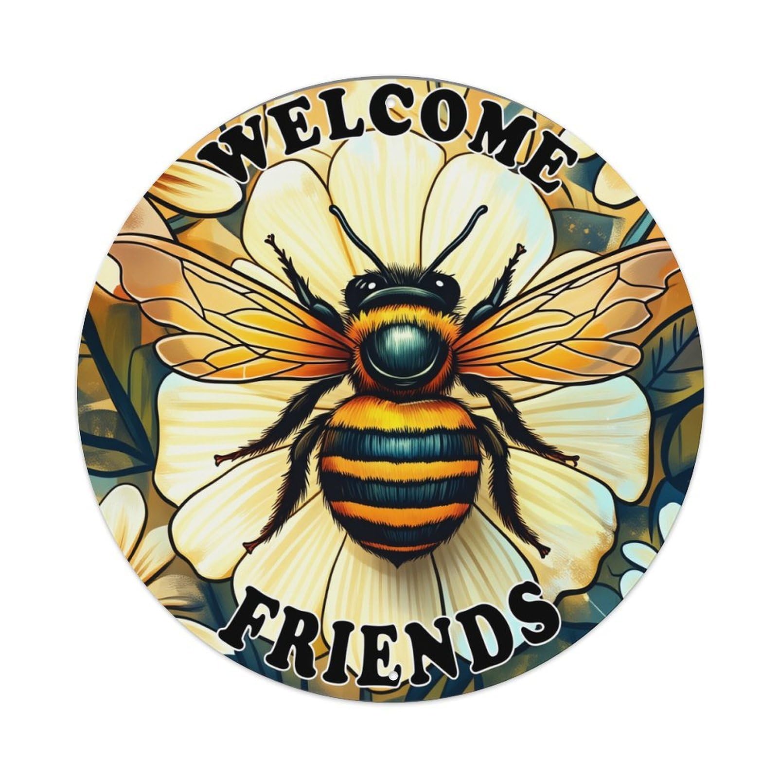 Bee Flower Welcome Friends Pattern Round Tin Sign Vintage Metal Poster, Home Bar Garage Man Cave Cafe Indoor & Outdoor Wall Decoration 8x8Inches