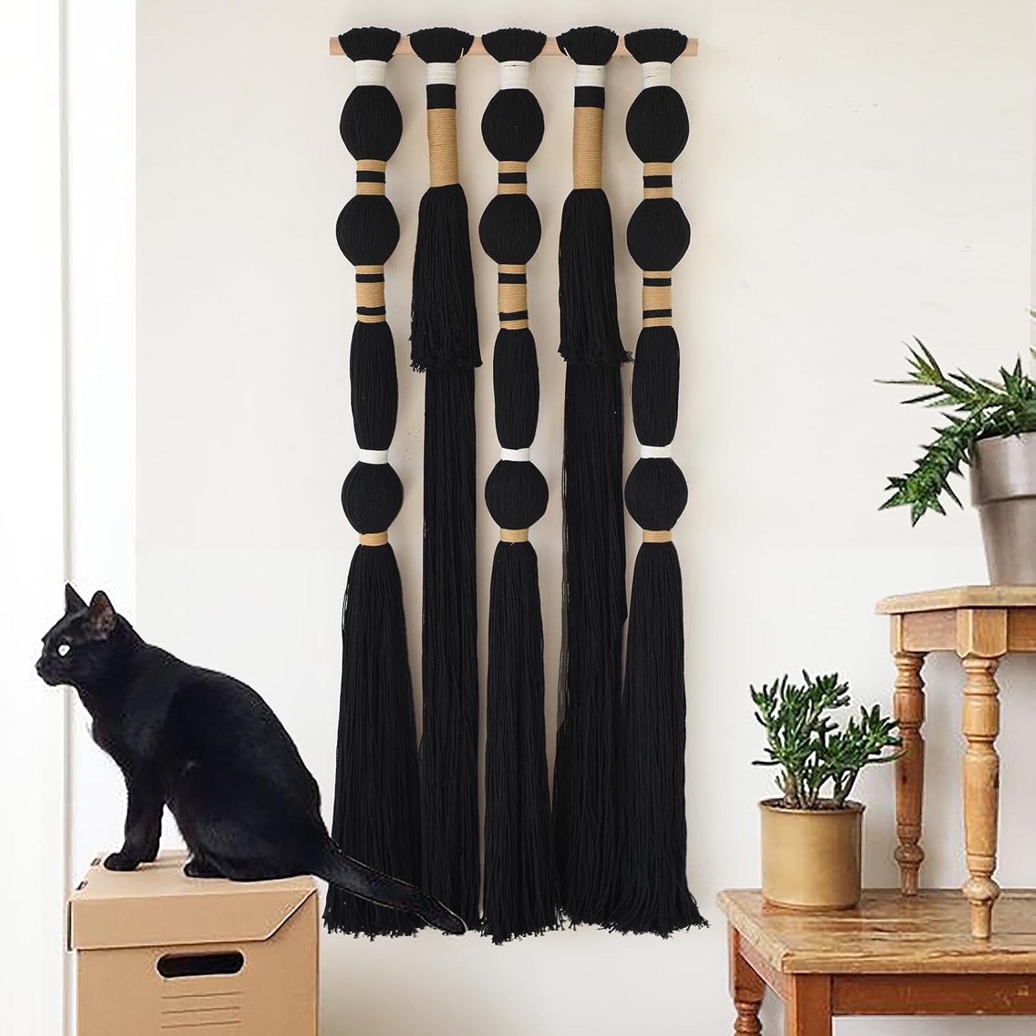 Flber Macrame Wall Hanging Black Sphericity Cotton Tassels Textile Hanging Geometric Yarn Wall Art for Bedroom Living Room Decor 15.7" W x 39" L Black1