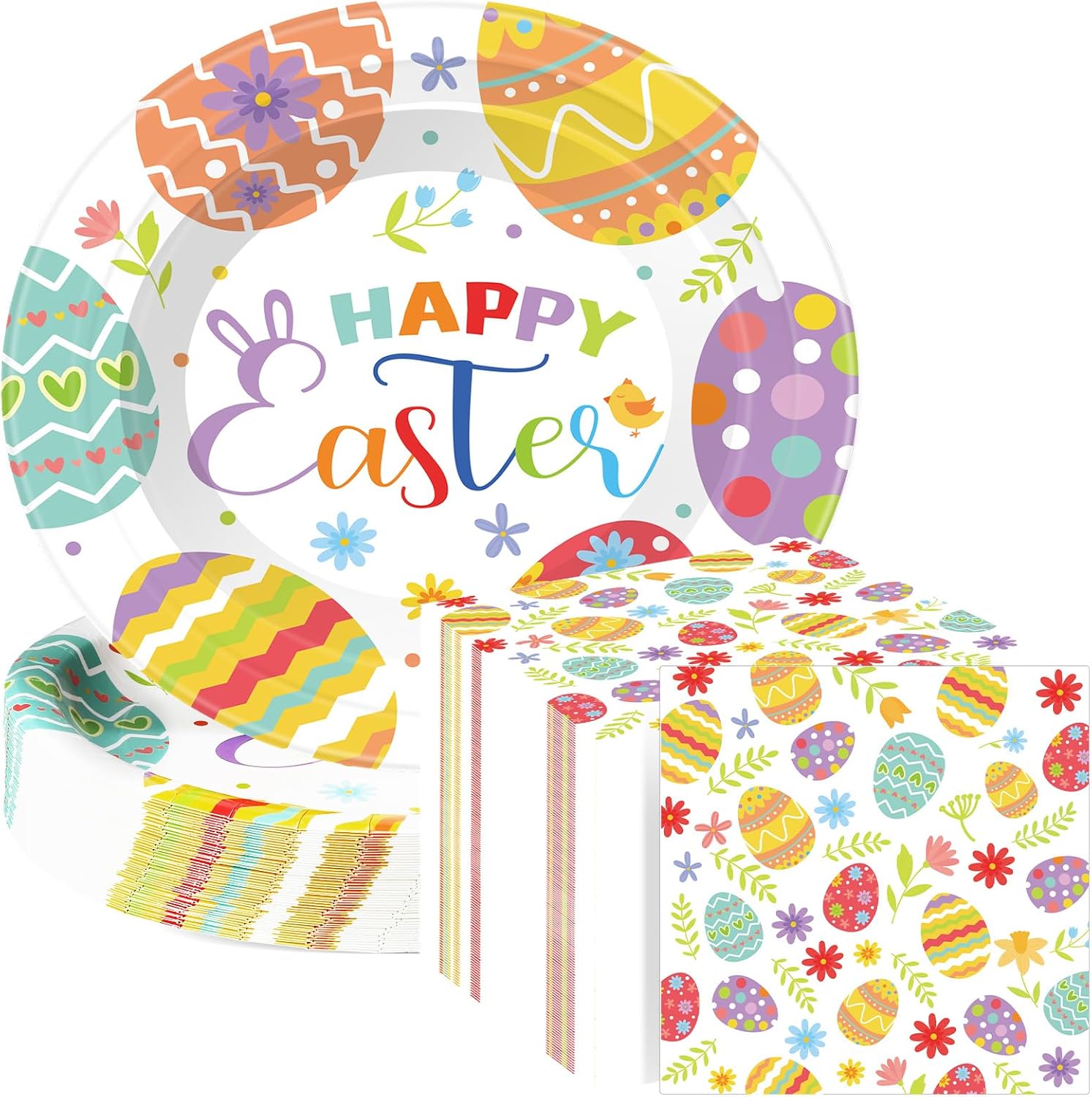 Havawish 150Pcs Easter Paper Plates and Napkins Sets 50Pcs 11 Inch Easter Disposable Oval Plates and 100 Pcs 13 Inch Easter Paper Napkins for Easter Spring Holiday Party Supplies(Easter Eggs)