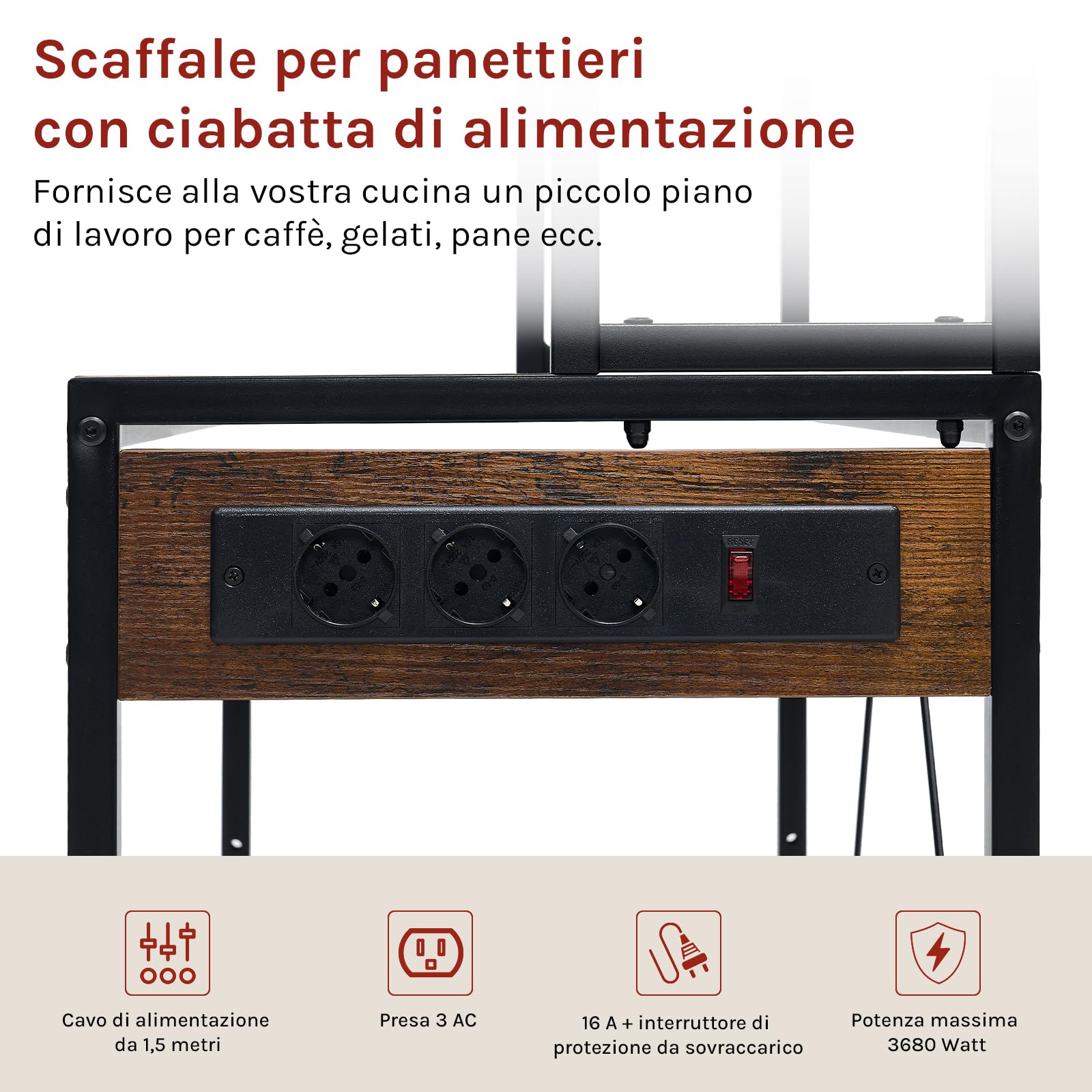 WOLTU Scaffale da Cucina a 6 Livelli con Prese di Corrente, Scaffale per Microonde con Struttura in Metallo e Piano di Lavoro Aperto, Nero+Marrone Rustico, 80x39,5x167cm