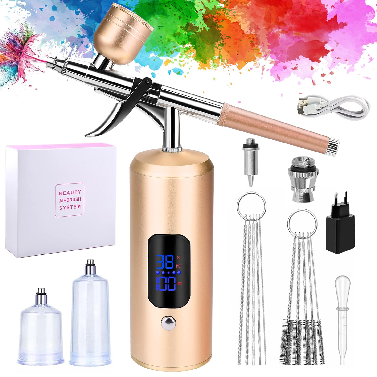 DaakroAirbrush Set, Spray Gun with Compressor 38PSI Wireless Airbrush Kit, Cake Decoration, Nail Art, Tattoos and Face Painting (Gold)