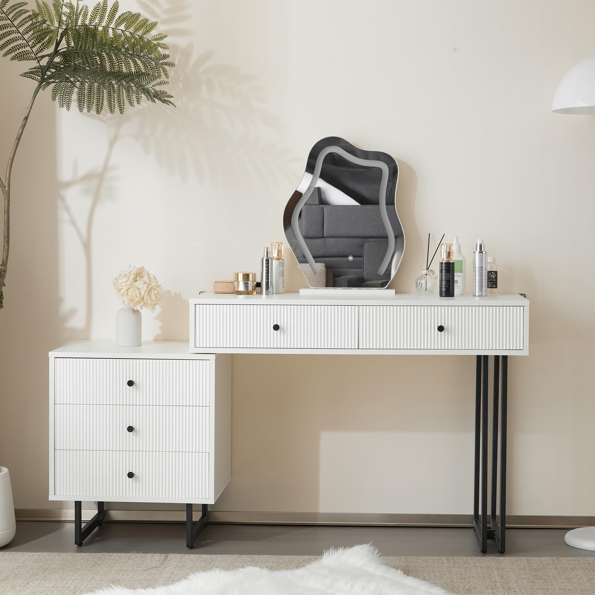 Toaletka 100 x 40 x 76 cm, biała – toaletka z lustrem LED i 5 szufladami, toaletka z funkcją ściemniania, elastyczny montaż, zabezpieczenie przed przewróceniem, do sypialni, garderoby