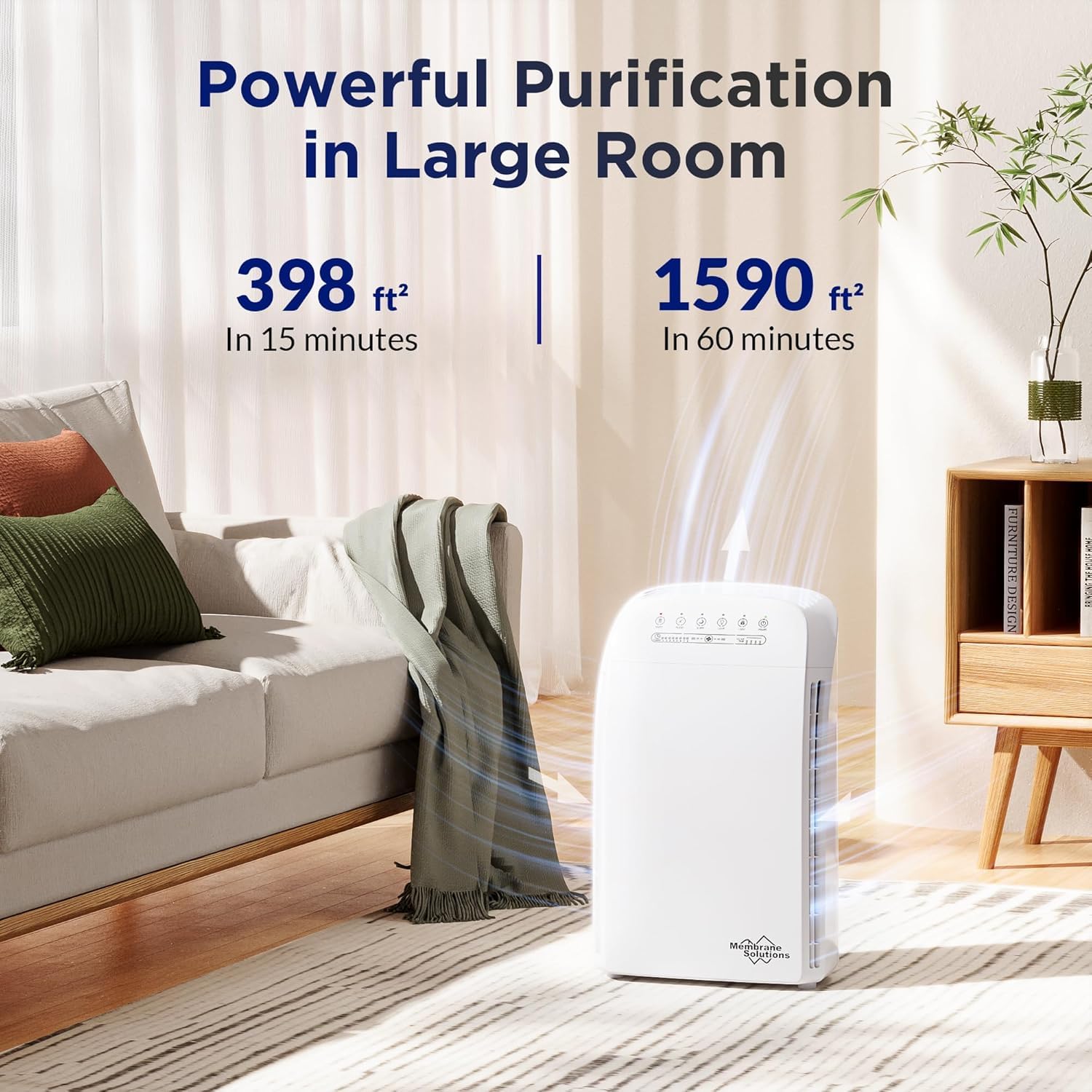 Membrane Solutions MSA3 Luftreiniger Allergiker für Wohnung 147m² Raucherzimmer, H13 HEPA Luftfilter 22dB, Air Purifier gegen 99.97% Staub Schimmel Rauch Pollen bis zu 0,1 µm, Tierhaare Gerüche