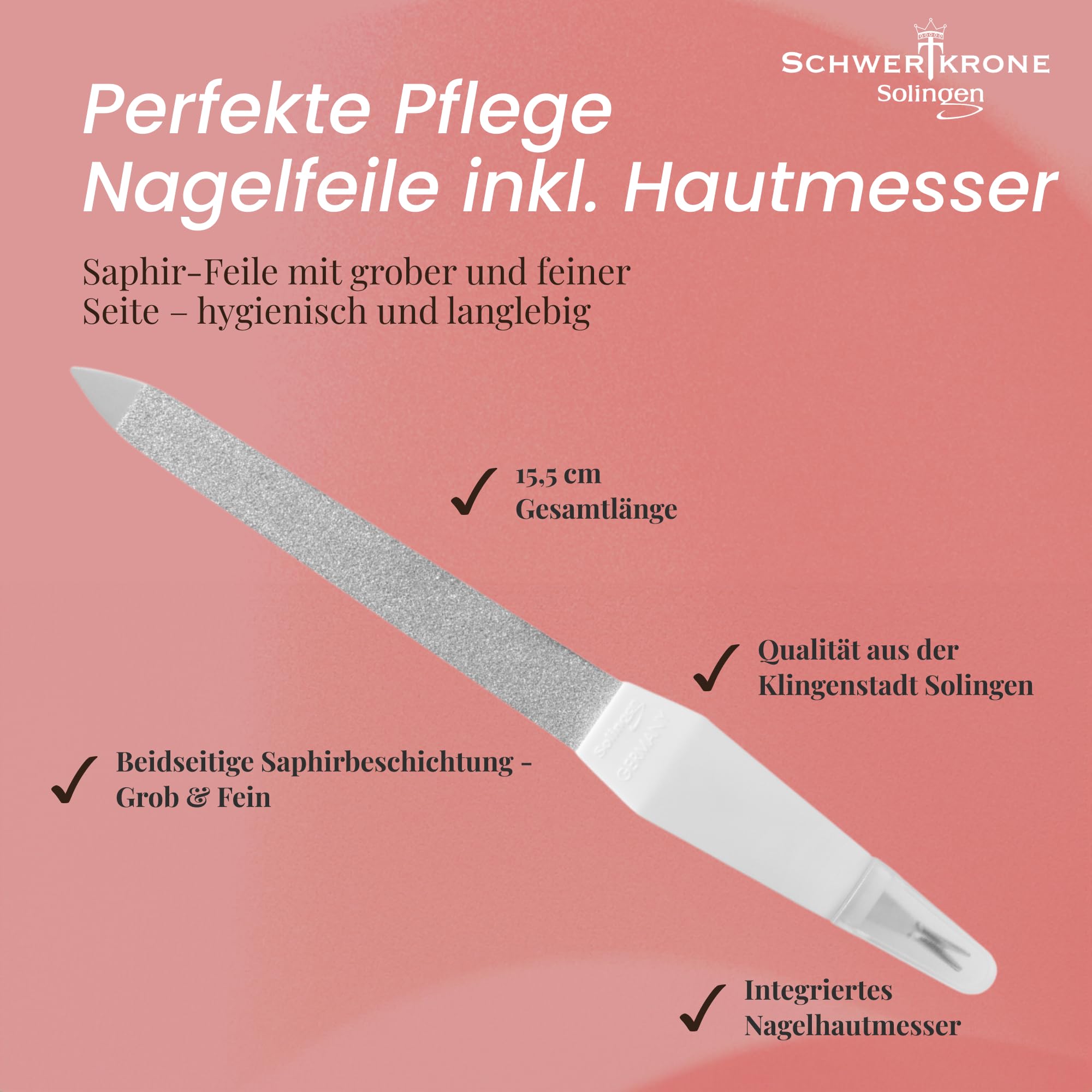 SCHWERTKRONE ® Lima per unghie in zaffiro [Made in Solingen – Germania] con coltello per cuticole a V – Cut & File, tagliacapelli, 16 cm