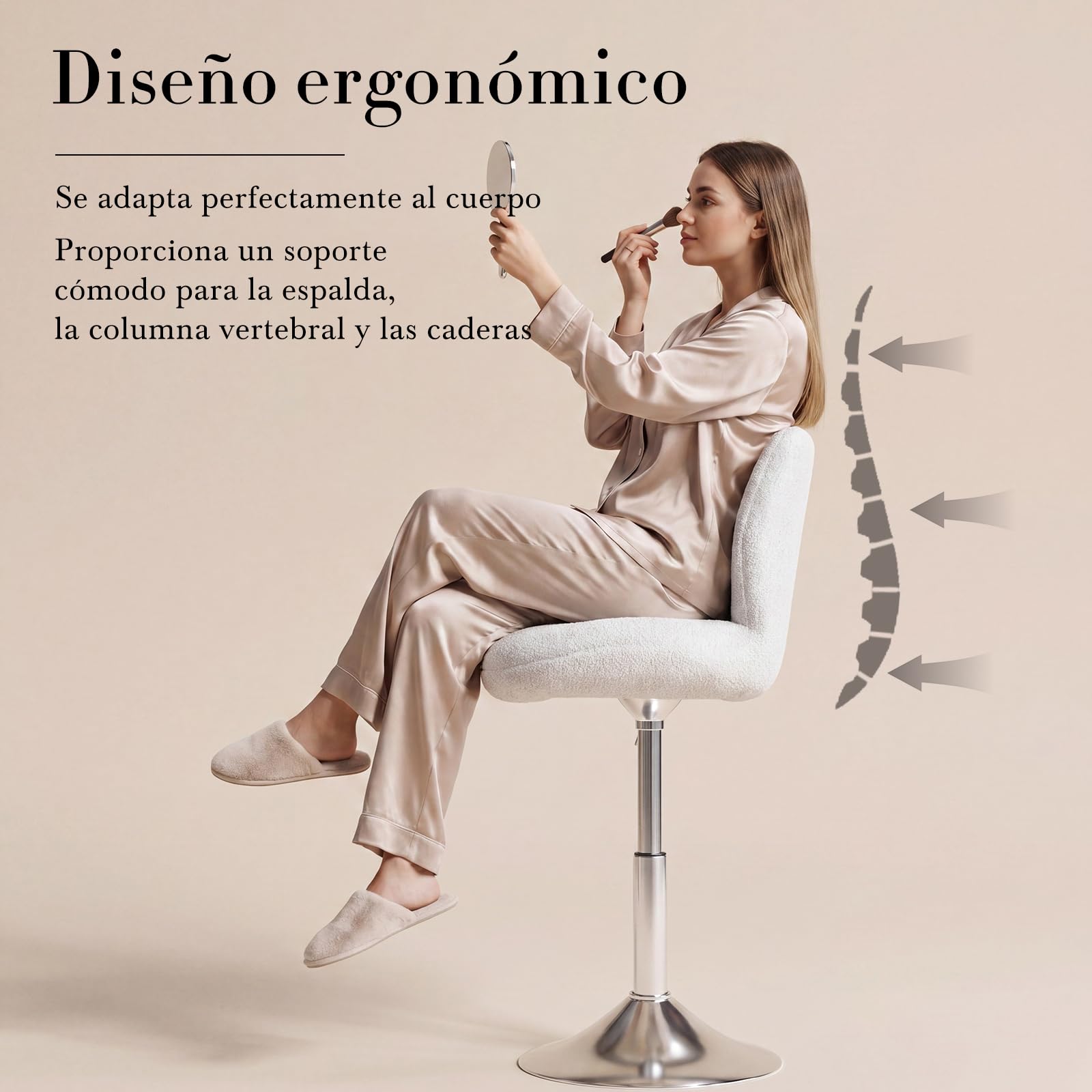 Devoko Taburete de Tocador con Respaldo, Silla Giratoria 360° Altura Regulable, Tela de Felpa, Blanco