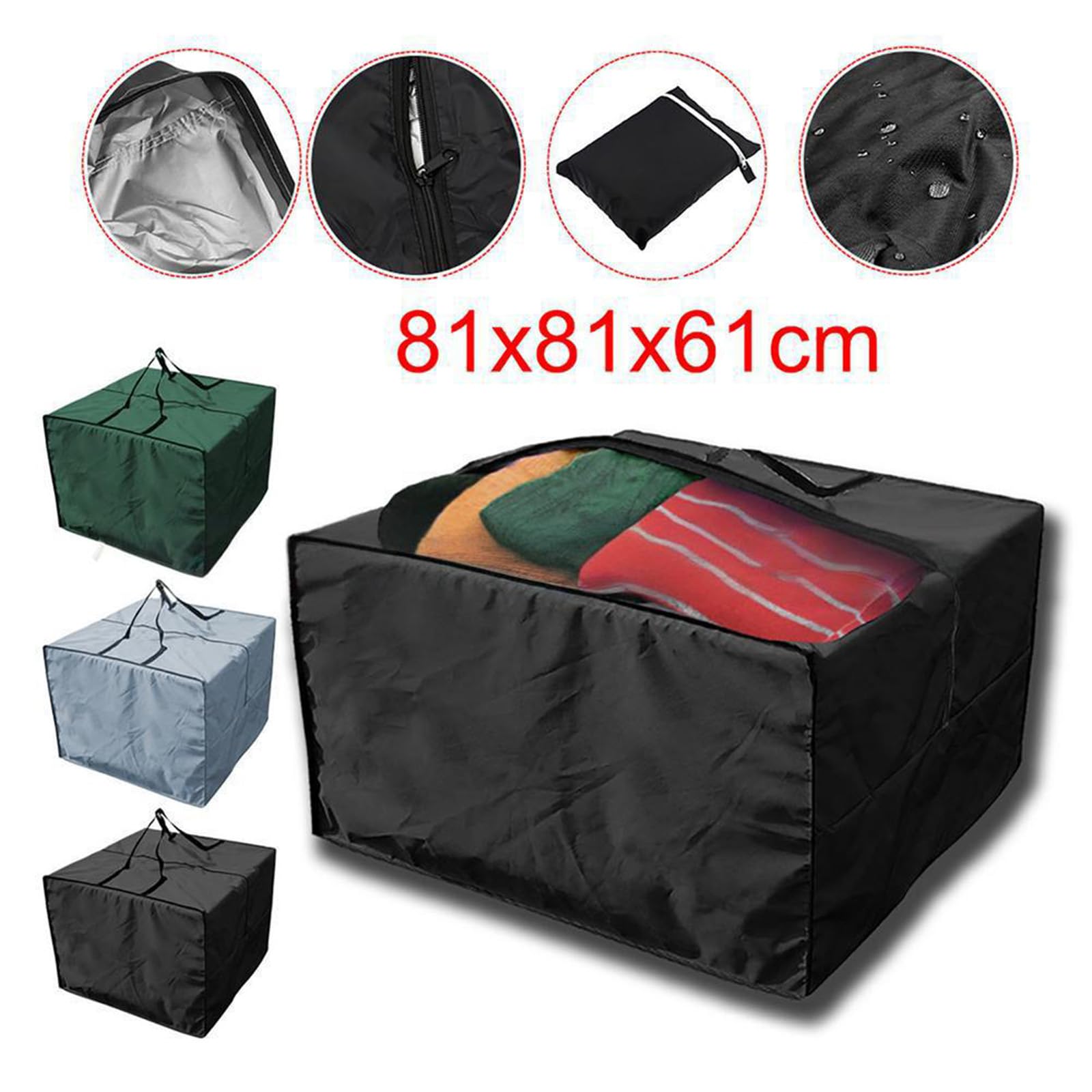 Bolsa Cuadrada de Almacenamiento para Cojines de Jardín 81 x 81 x 61cm 210D Resistente al Agua Bolsa de Transporte Cuadrada para Muebles de Patio, árbol de Navidad, Mantas (negro)