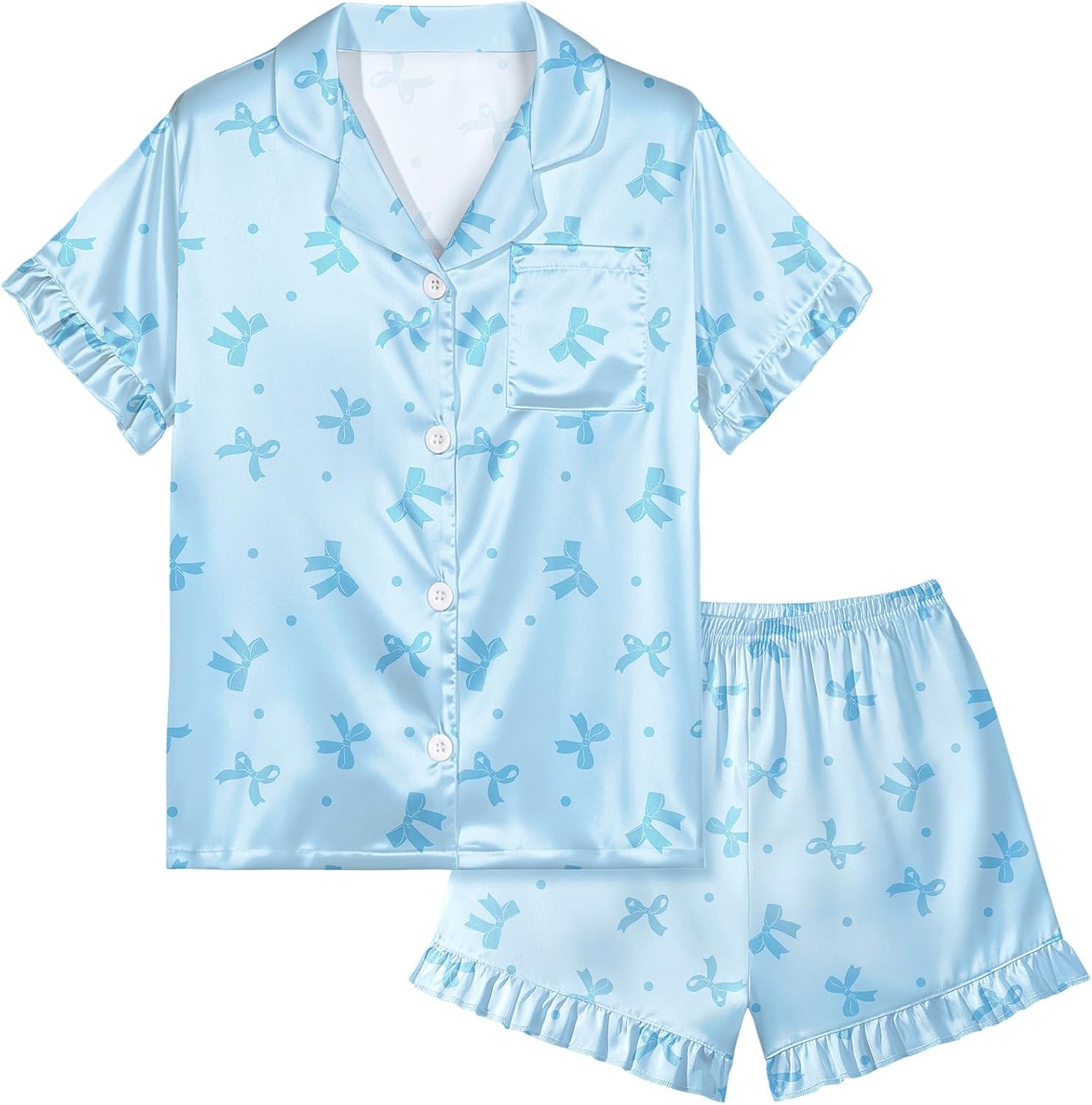 MHJY Toddler Girls Pajama Set Silk Satin Girls Pajamas Short Sleeve Button-Up Top Pajamas for Kids