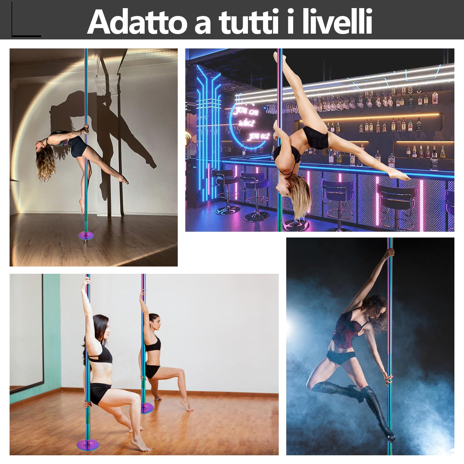 PRIOR FITNESS - Poste Dance Pole de 45 mm con modos estáticos y giratorios, ajustable de 2235 a 2700 mm, apto para gimnasios, fiestas y estudios