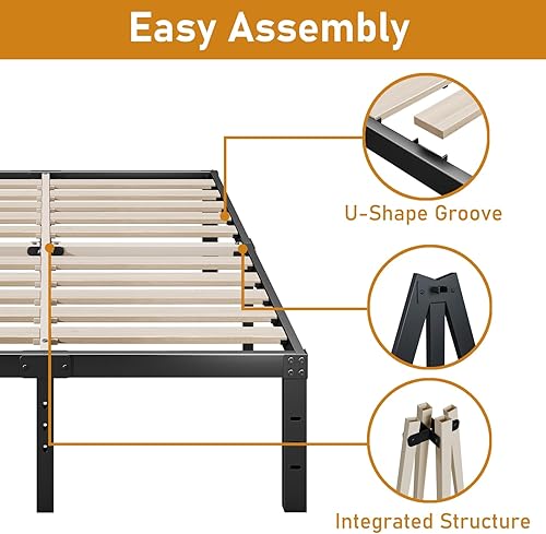 Miniatura 6 de Marco de cama de plataforma de metal de tamaño matrimonial, soporte de listones de madera, 18 pulgadas de alto, no necesita somier, soporte