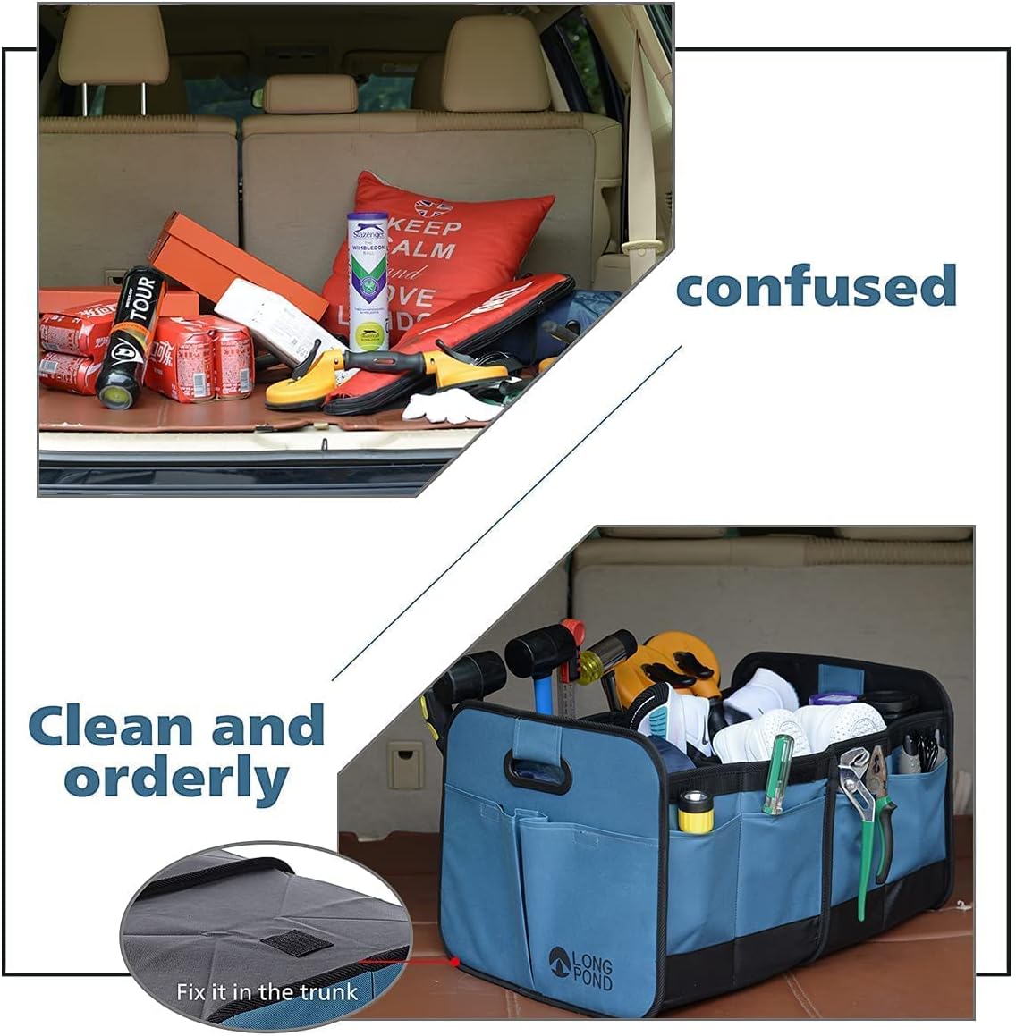 Long Pond 2 Pack Car Trunk Organizer Blue + Black Storage SUV Foldable Cargo Storage Containers with 9 Pockets and Reinforced Handles, Non-Slip Bottom Collapsible Storage for Car, SUV, Sedans
