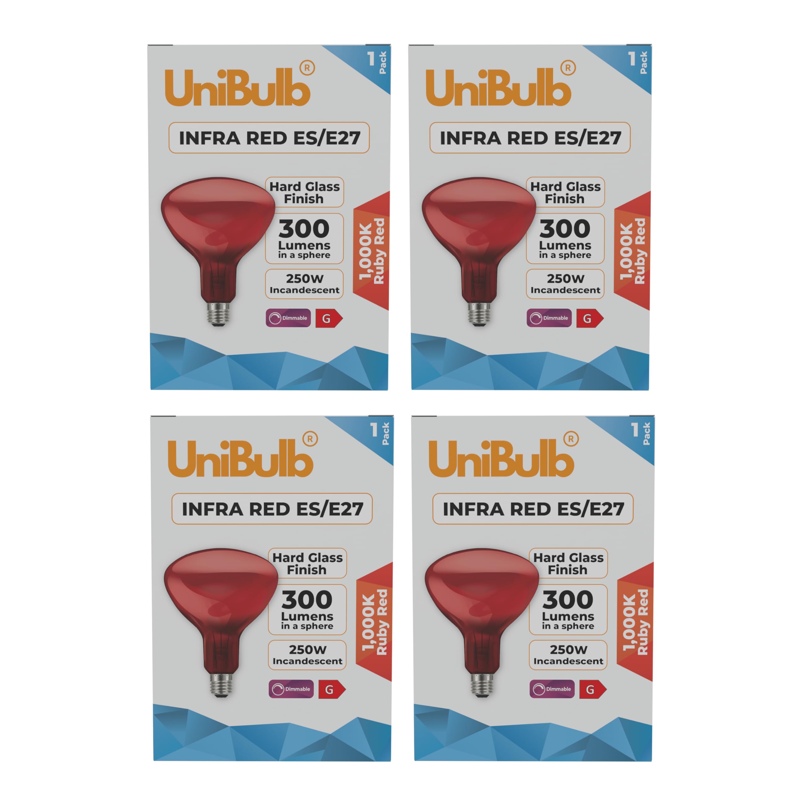 Unibulb Infra-Red Heater Lamp E27 (ES) 300 Lumens, 250W Heat Lamp Light Bulb, Ruby Red Finish, 1000k Candlelight, Hard Glass, Edison Screw, Dimmable (4)