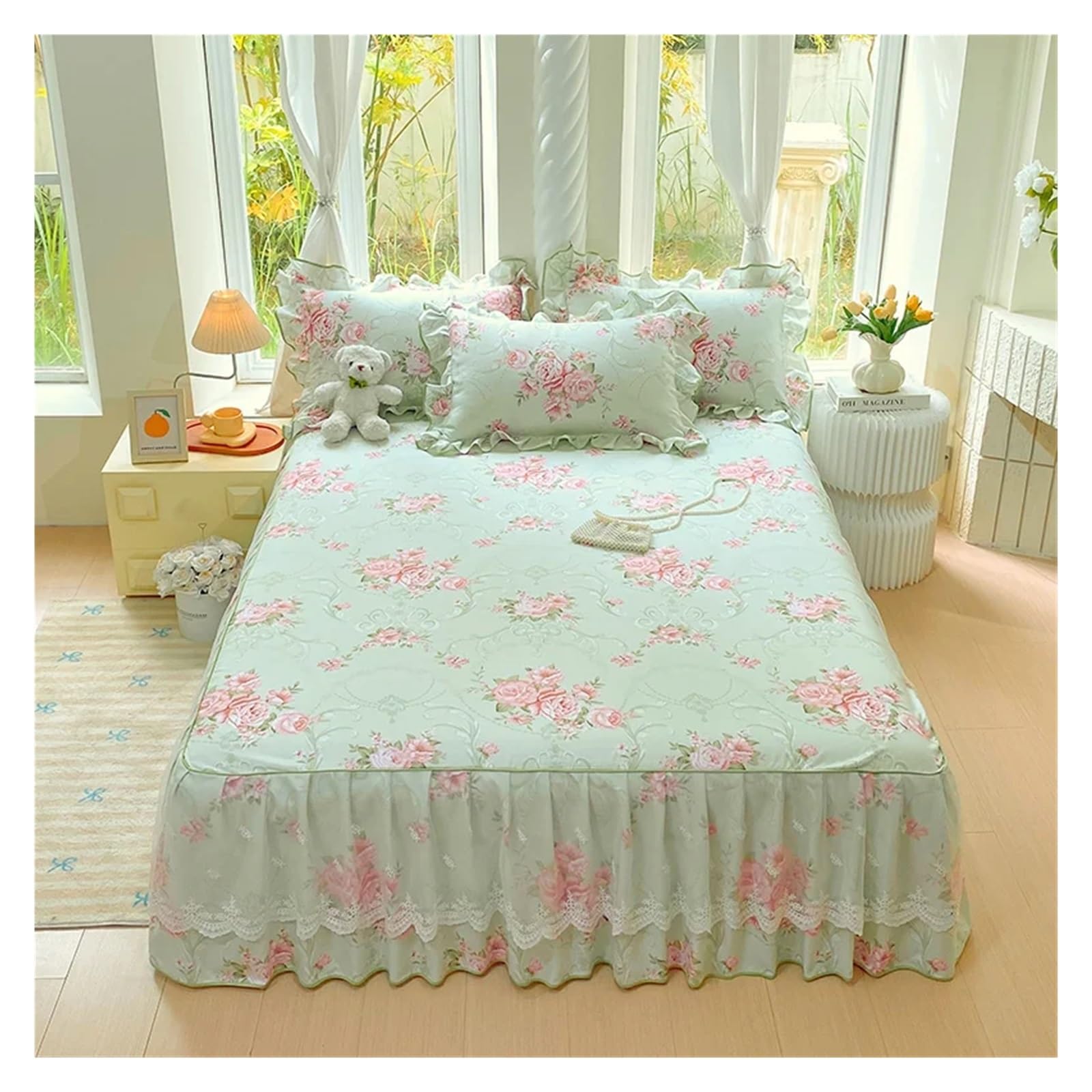 1pc Skin-friendly Bed Skirt Floral Style Bedspread Ruffles Bed Cover Mattress Protector No Pillowcase(Color-08,200x220cm 1pc)