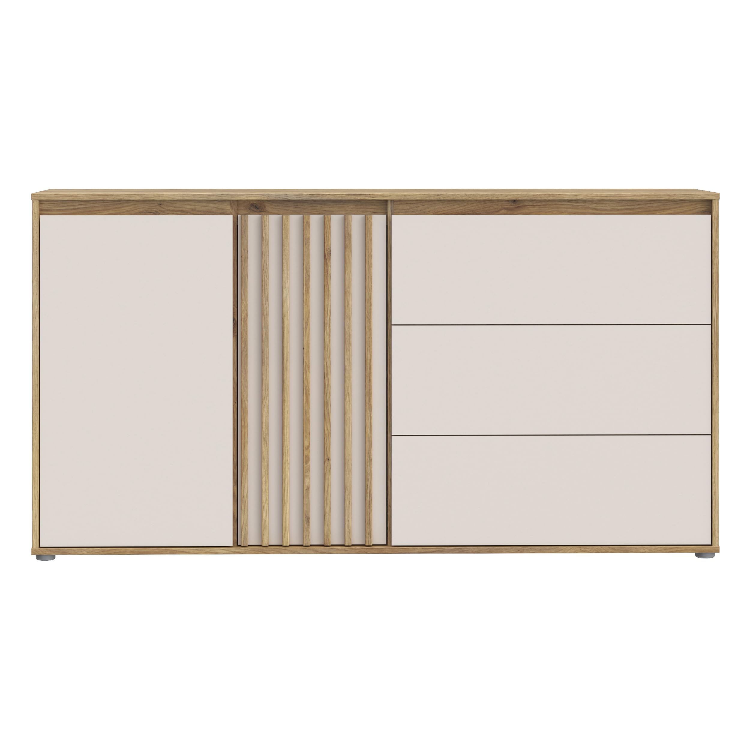 Forte ELISTON Kommode 160, modernes Sideboard mit Lamellendesign, 2-türig, 3 Schubladen, Wohn-/Schlafzimmer, Mauvella Eiche Holzdekor|Kashmir Beige, 159,3 cm breit x 84,9 cm hoch x 41,5 cm tief