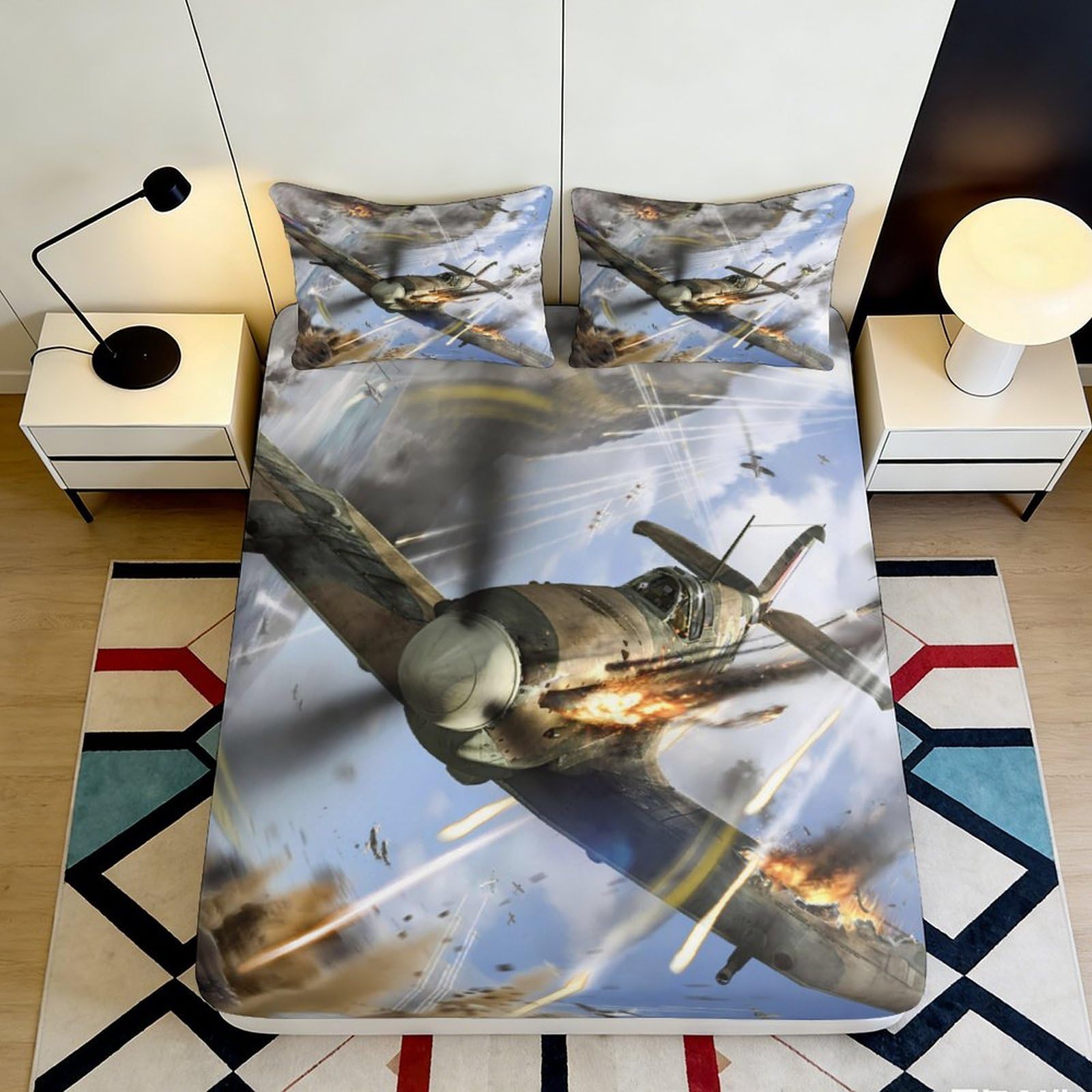 3D Printed Fighter Aircraft Fitted Sheet Microfiber Soft Anti-Slip Warplane Bed Cover for Bedroom Dorm Decor 90x200x25cm