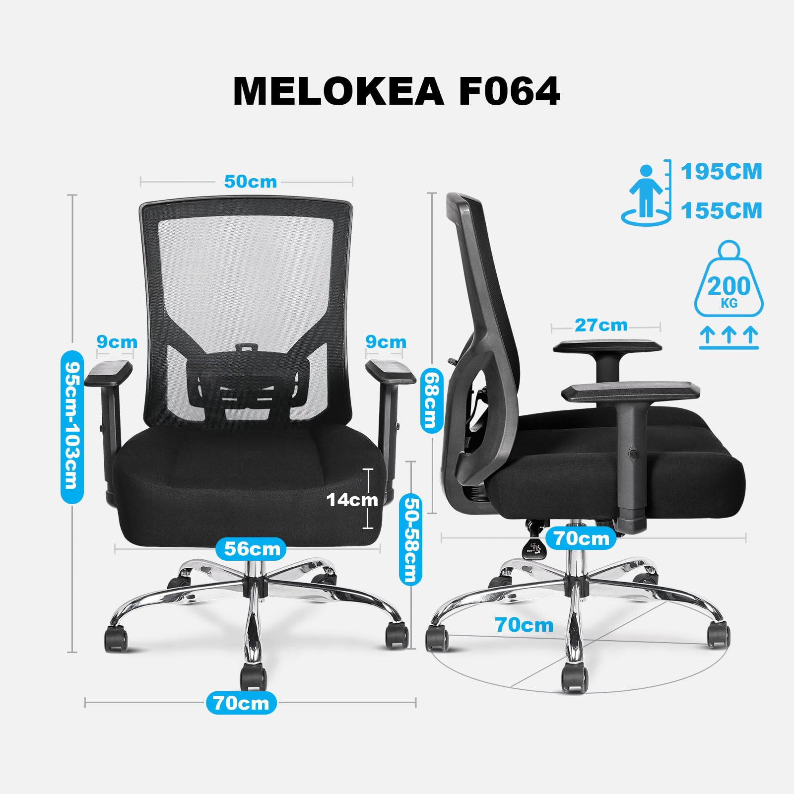 MELOKEA Sedia Ufficio Ergonomica XXL, Big & Tall con Seduta a Molle | 200kg Portata, Schienale Alto, Seduta Extra Larga 14cm, Ruote in Gomma, Sedia Gaming