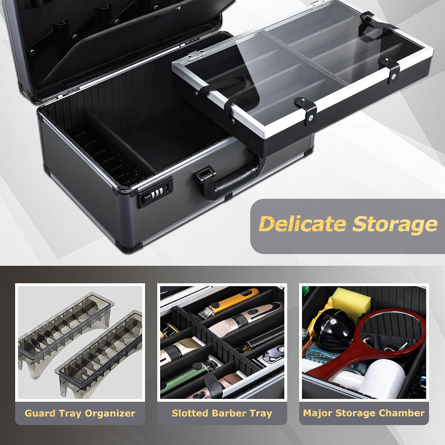 Professional Barber Case - Portable Barber Tool Case Hair Clipper Organizer with Combo Locks, Detachable Trays for Clippers, Shears, Razors, Trimmers - Secure Storage for Barbershop or Travel