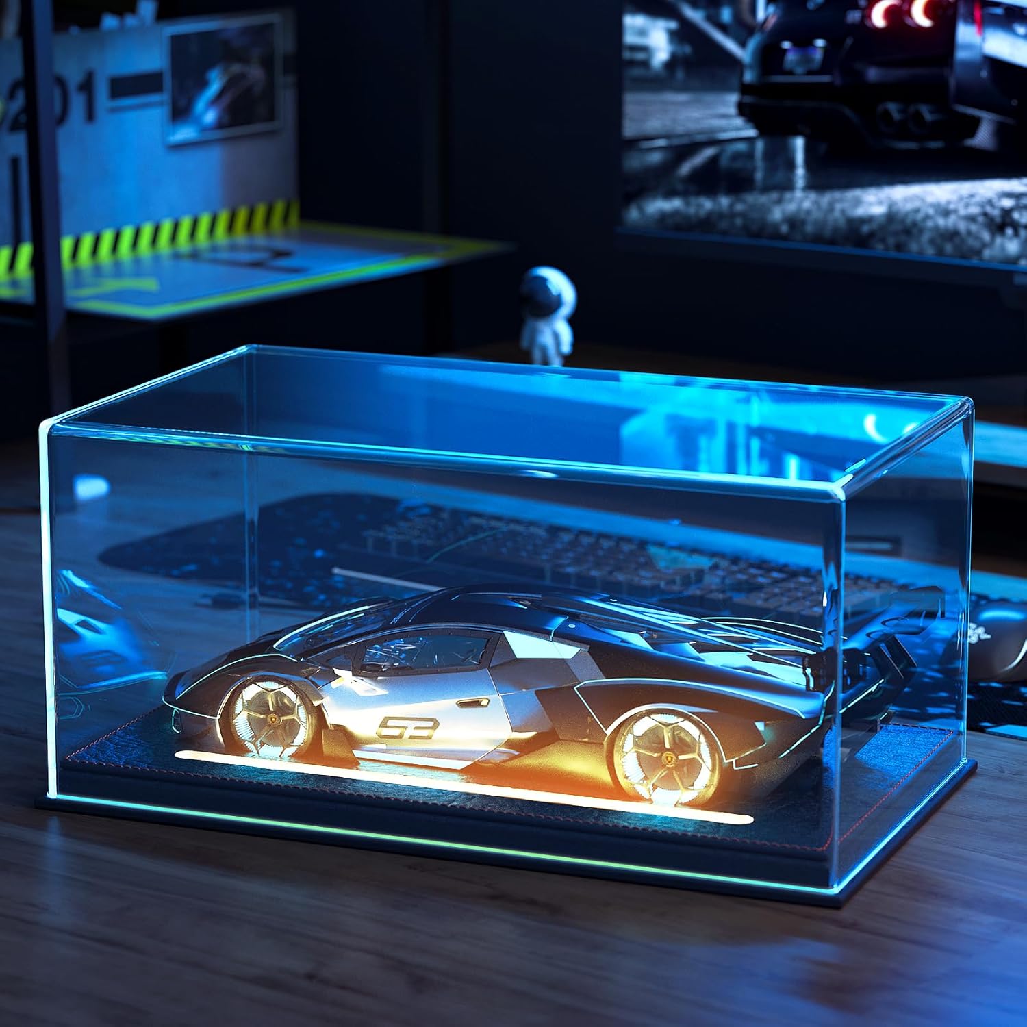 Lighted Display Case for 1/18 Scale Model Cars , No Assemble Show Case with Lights and Leather Base, Clear Acrylic Display Box for Cars Baseball Tennis Dust Proof UV Protection(13x7x6inch) Embedded LED Light 1/18 Scale (13 x 7 x 6 inches)