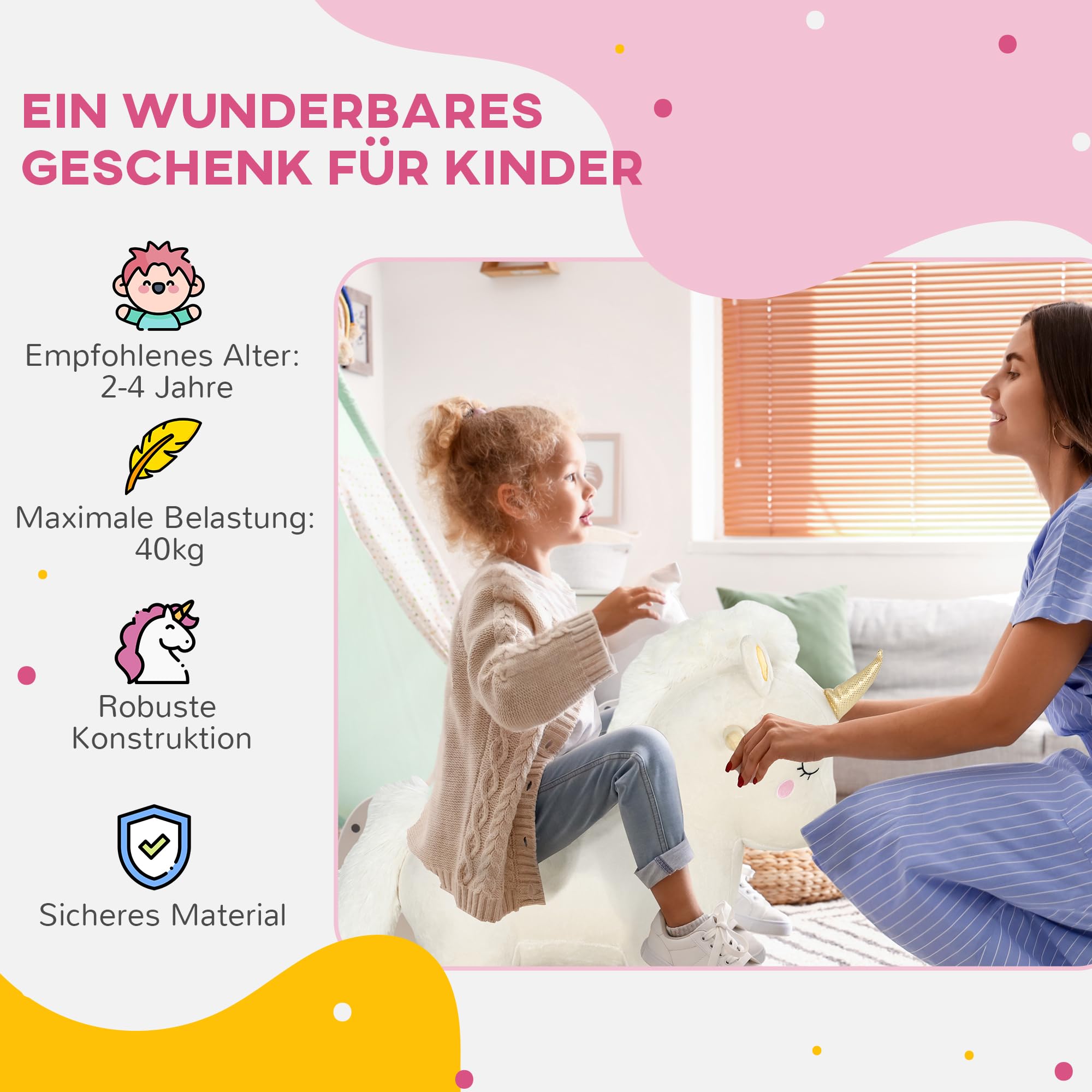 AIYAPLAY Schaukeltier Baby Schaukelstuhl Sound Schaukelpferd Einhorn Weiß | Schuakelsitz, Unicorn Design, Schaukelspielzeug für Kleinkinder ab 2 Jahre, Plüsch