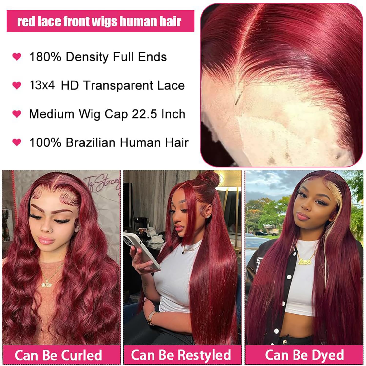Burgundy natural straight full lace wig 22” Burgundy Wine Red Silky Straight 22 Lace Front Brazilian  main image 2