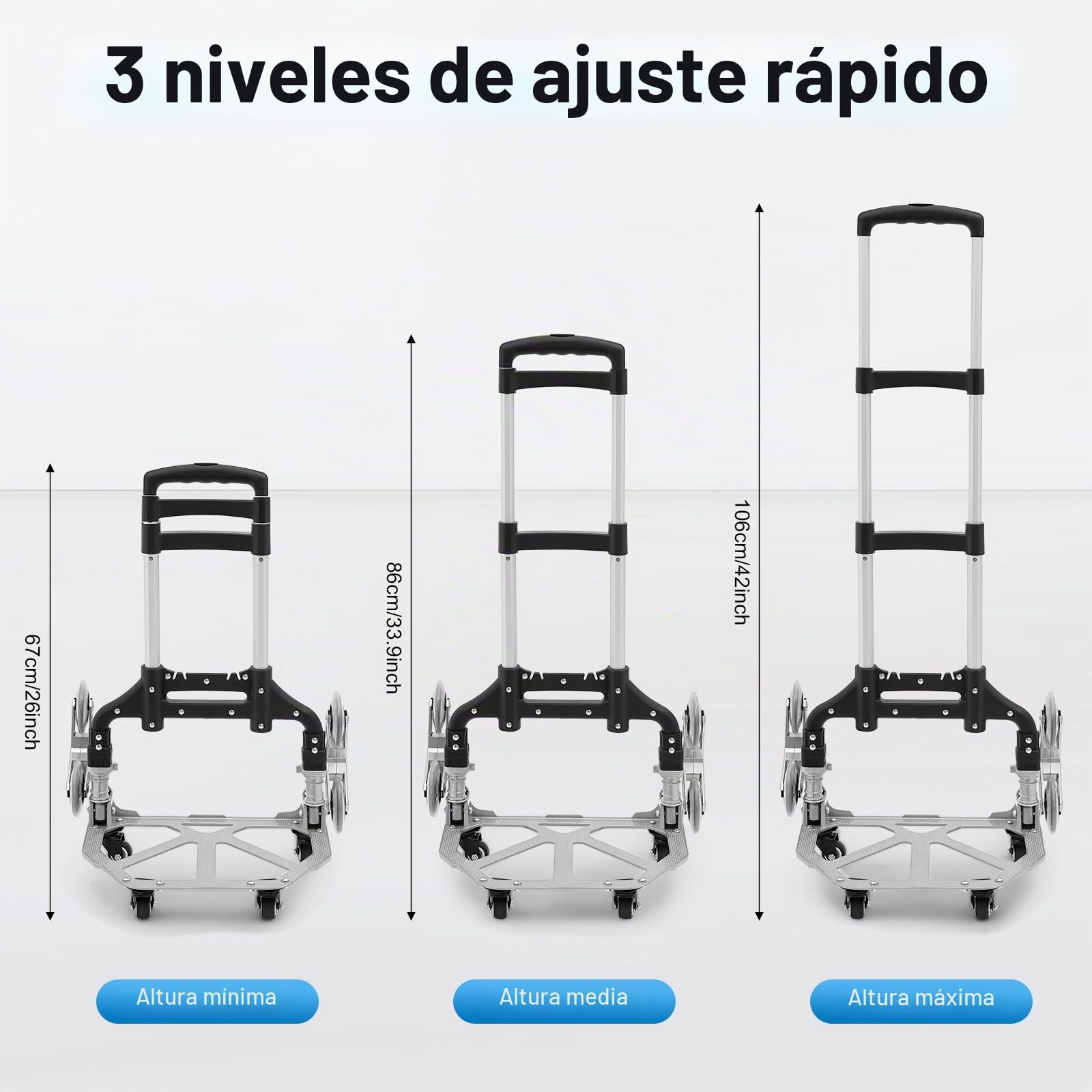 Carretilla de escalera plegable 6 ruedas subir escaleras aluminio carretilla apilable carro con cuerda elástica, bolsa de lona negra, para mercancías suministros productos artículos negro