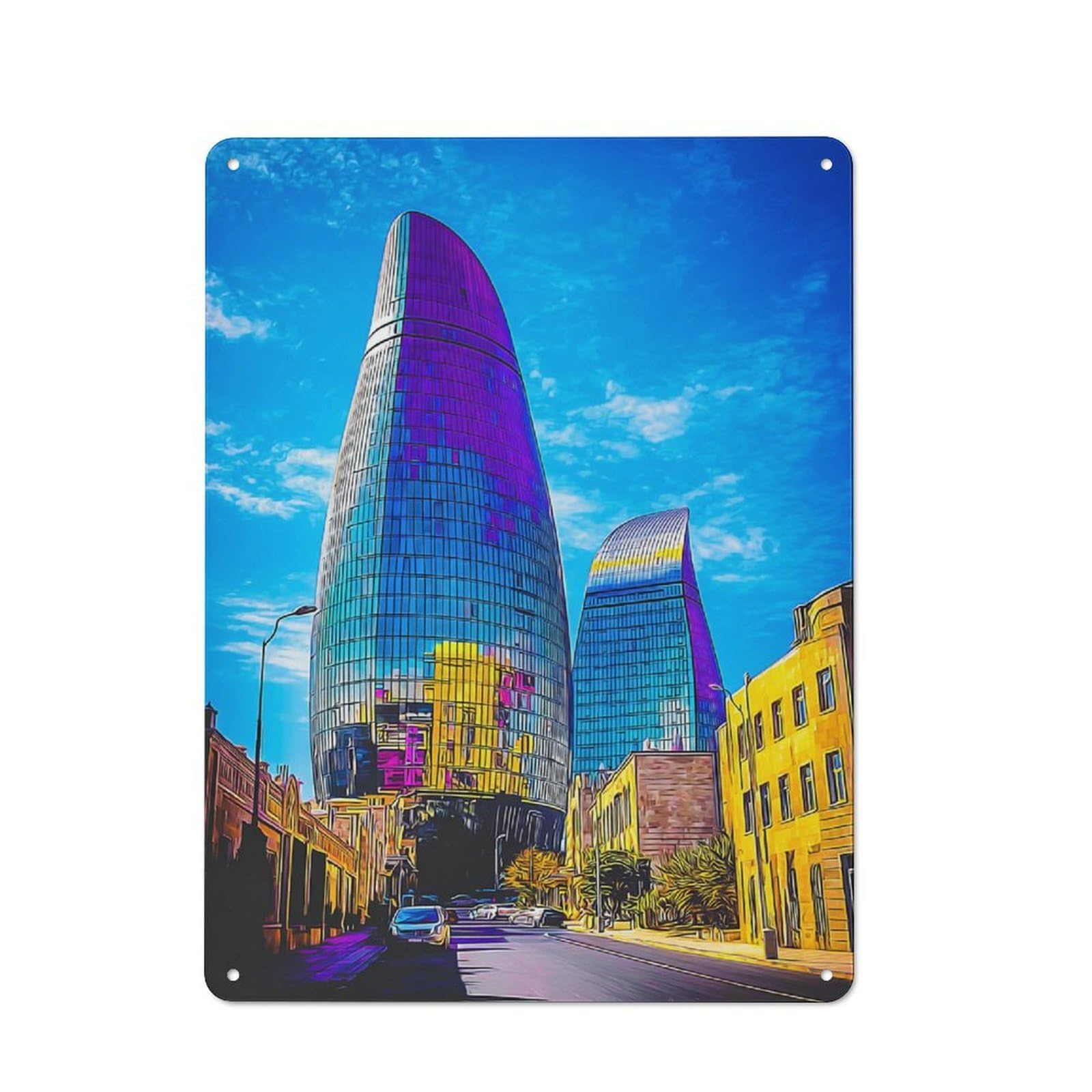 Junmoney Modern Skyscrapers In A Vibrant Cityscape Rustic Metal Sign 40X30cm For Café Or Restaurant, Suited To Café Owners And Decorators