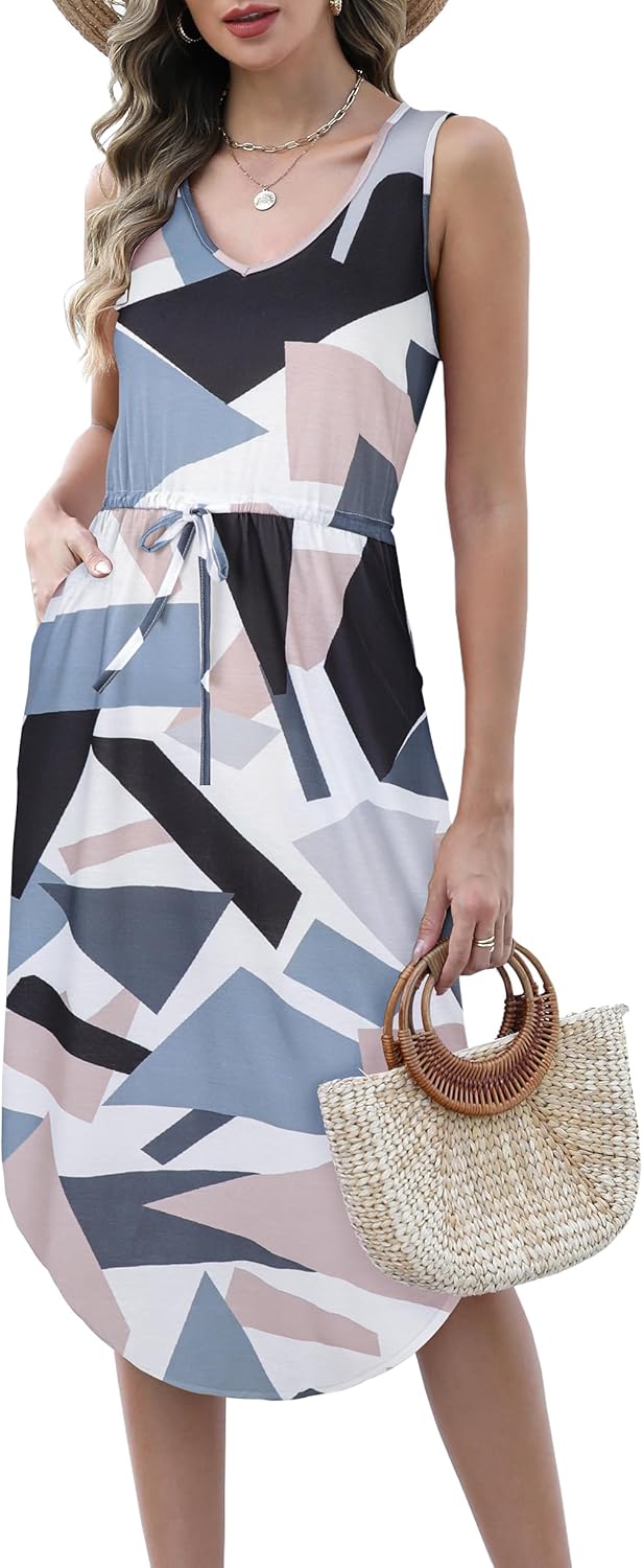 Hount Womens V Neck Sleeveless Casual T Shirt Dress Summer Midi Dress with Pockets