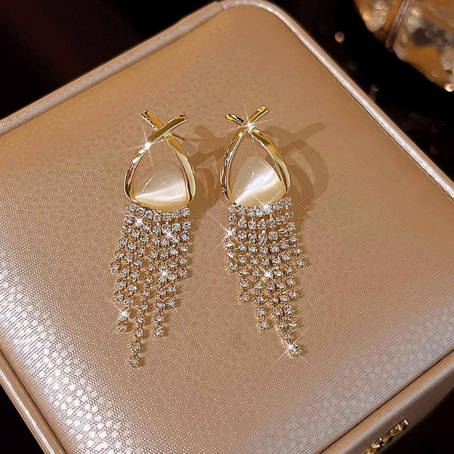 W WEILIRIAN Crystal Tassel Drop Earrings for Women Boho Moonstone Stud Earrings Rhinestone Tassel Earrings Cz Tassel Chain Earrings Sparkly Bridal Wedding Earrings Jewelry for Girls Gifts - Image 4