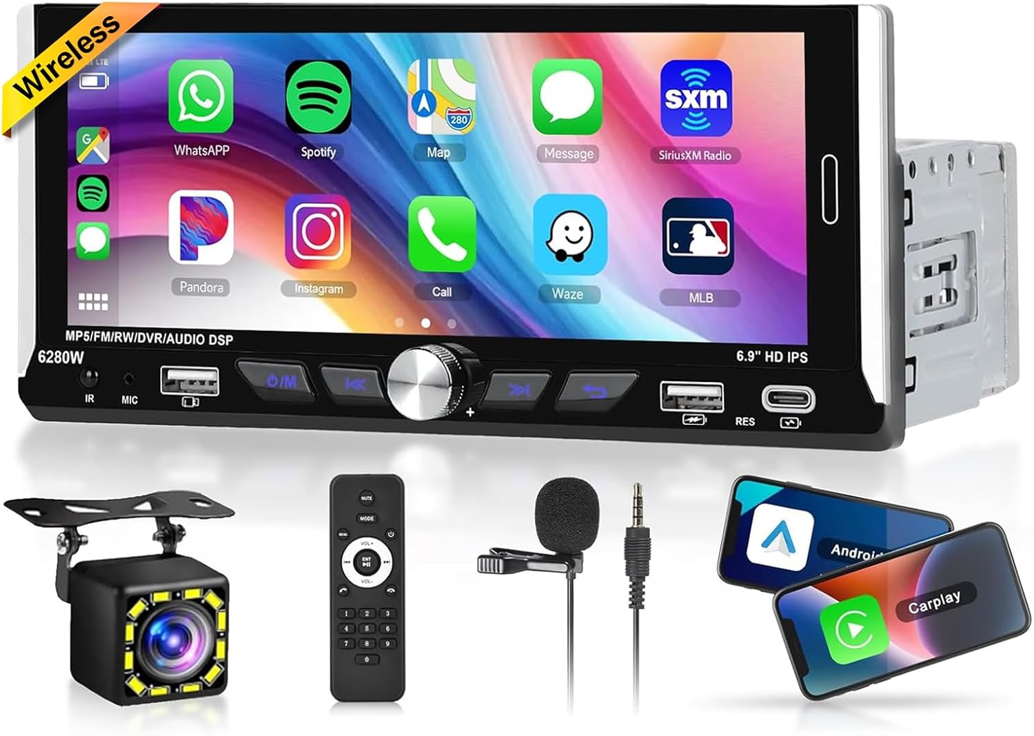 6.9-inch Single Din Car Stereo Wireless Carplay,1280X480P IPS Touch Screen Car Radio,5.0Bluetooth Audio,Night Vision Backup Camera,Mirror Link,EQ,GPS,Type-C/USB,SWC,7-Color Backlight,Mic,Android Auto