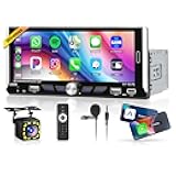 6.9-inch Single Din Car Stereo Wireless Carplay,1280X480P IPS Touch Screen Car Radio,5.0Bluetooth Audio,Night Vision Backup Camera,Mirror Link,EQ,GPS,Type-C/USB,SWC,7-Color Backlight,Mic,Android Auto