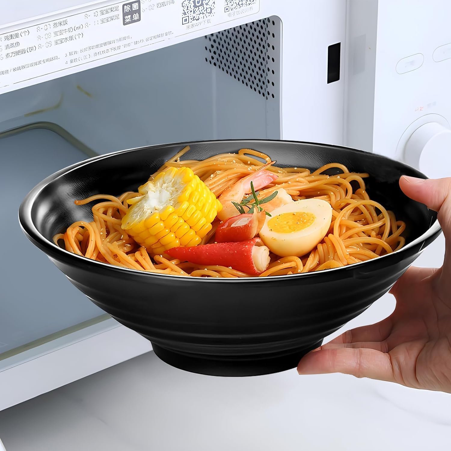 Lot de 4 bols à ramen japonais de 1200 ml avec baguettes et cuillères, bols à nouilles japonaises incassables en mélamine pour salade, céréales, riz, Pho, passent au lave-vaisselle (noir)