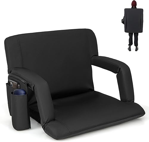 Miniatura 10 de Goplus Asiento de estadio para gradas, silla plegable de 24.5 pulgadas de ancho con 6 posiciones reclinables, soporte para tazas, cojín grueso,