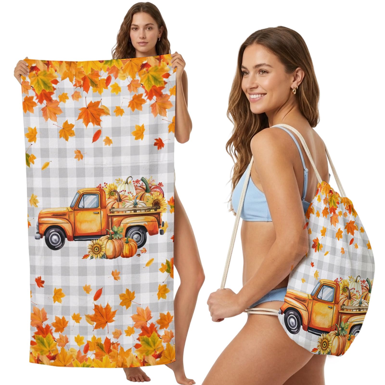 2-in-1 Beach Towel Backpack,Fall Thanksgiving Pumpkin Farm Truck Bath Towel with Built-in Storage Orange Maple Leaves Convertible Foldable Beach Blanket for Travel Pool Gym Camping Swim,31x63in