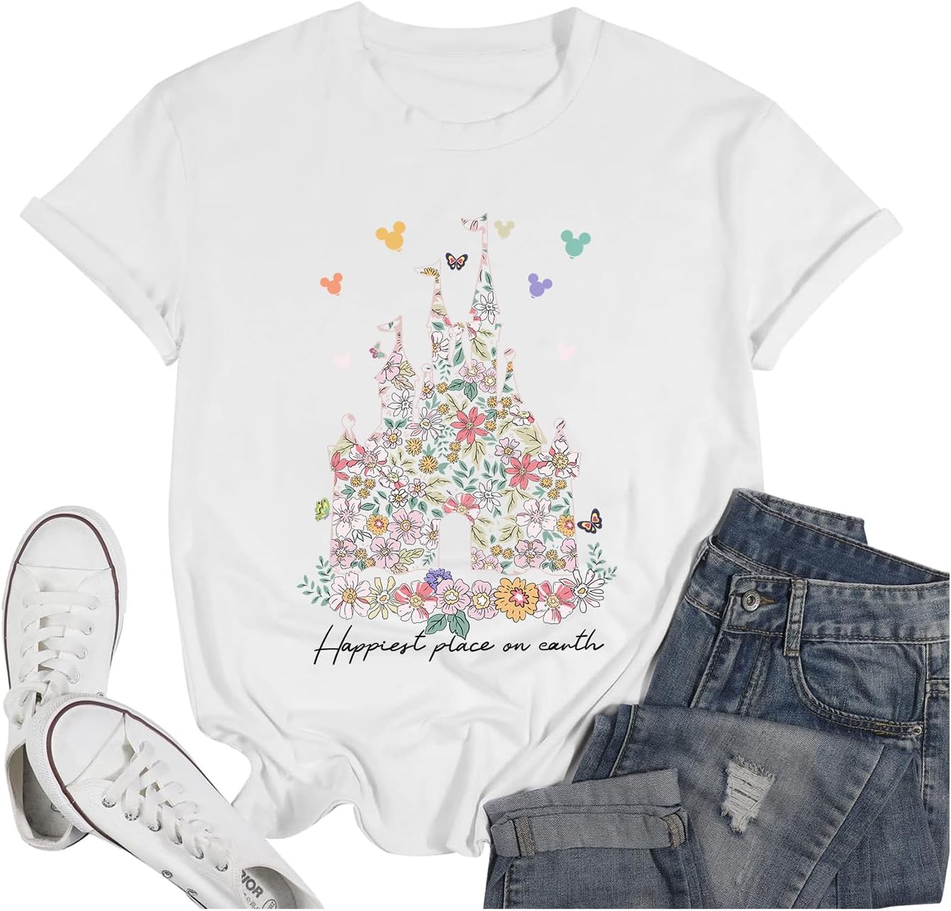 Bobeutou Magic Kingdom Shirts for Women Floral Castle Graphic T Shirt Flower Holiday Vacation Shirt Funny Cute Tee Tops - Image 5