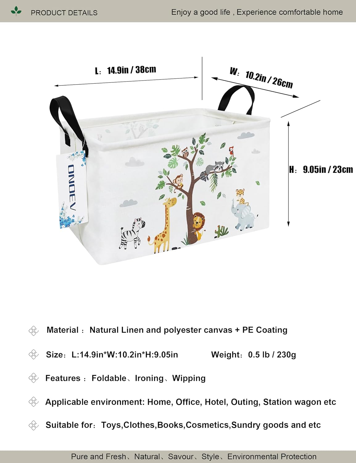 Rectangular Tree Animals Laundry Storage Bin for Adults and Kids | Damp resistant canvas fabric, sturdy stitched carry handles, foldable design organizes closet and playroom daily supplies
